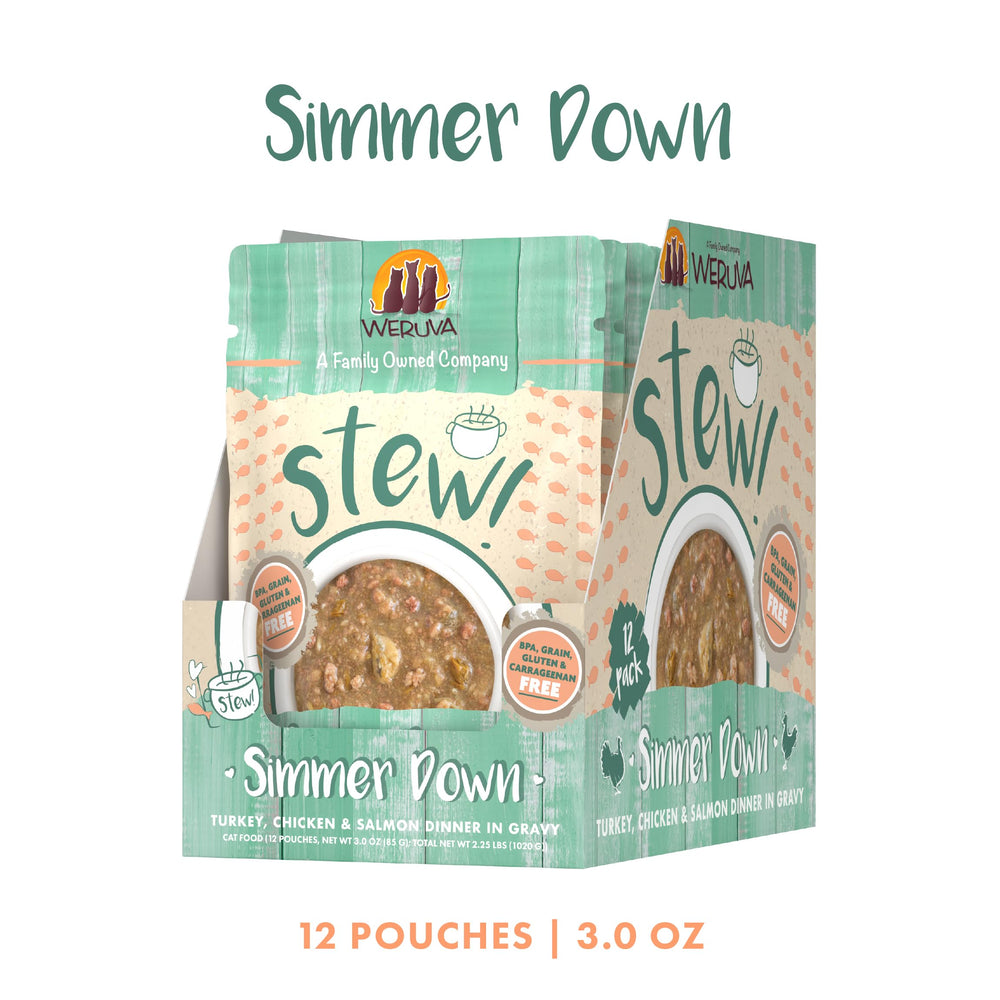 Weruva Classic Cat Stews close-up highlights omega-rich salmon texture.
