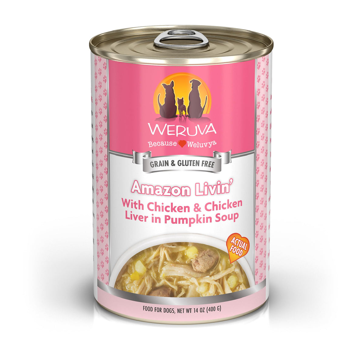 Weruva Classic Dog Food can front shows Amazon Livin' with chicken and pumpkin gravy for tasty meals