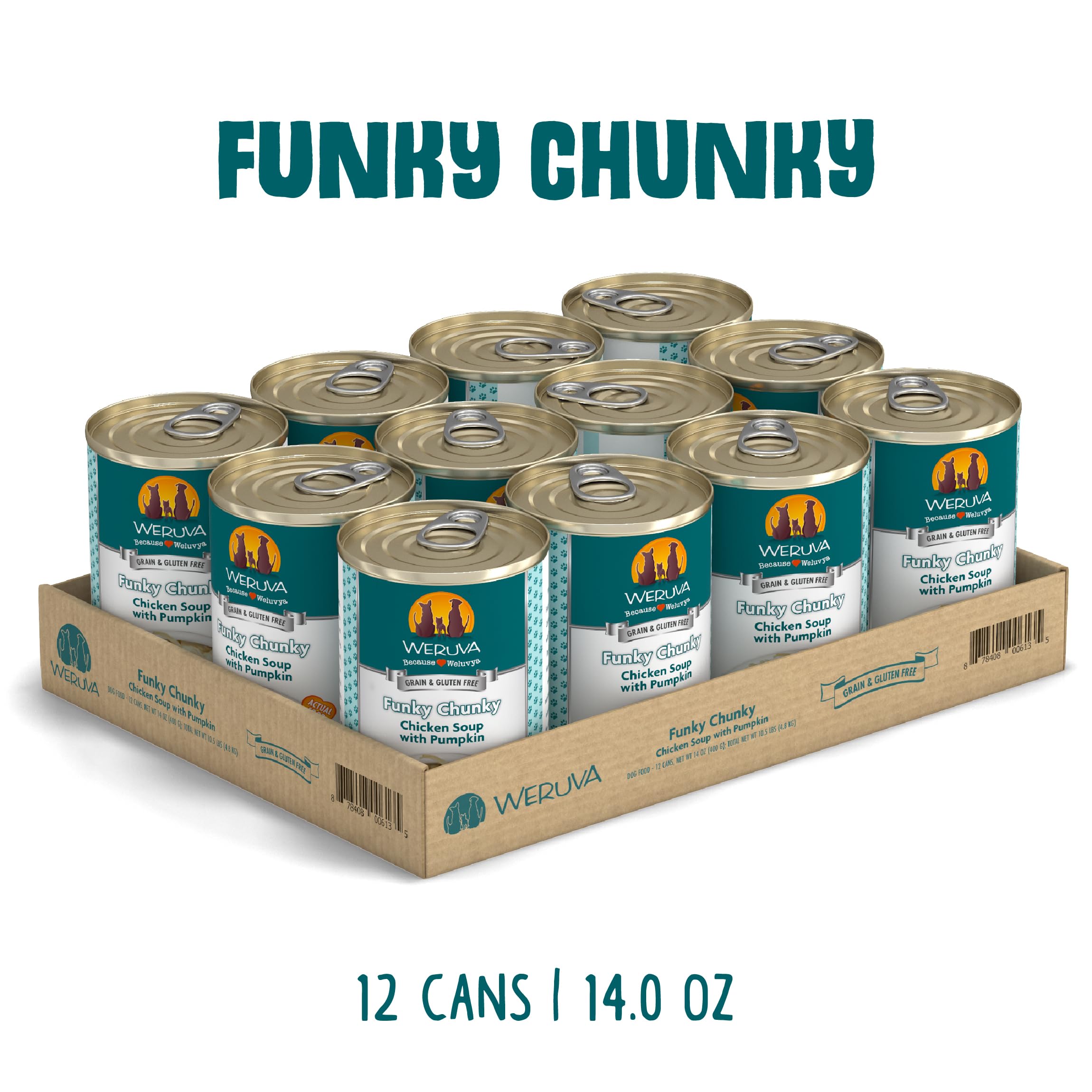 Opened Weruva Funky Chunky Chicken Soup can reveals chunky chicken pieces in gravy.