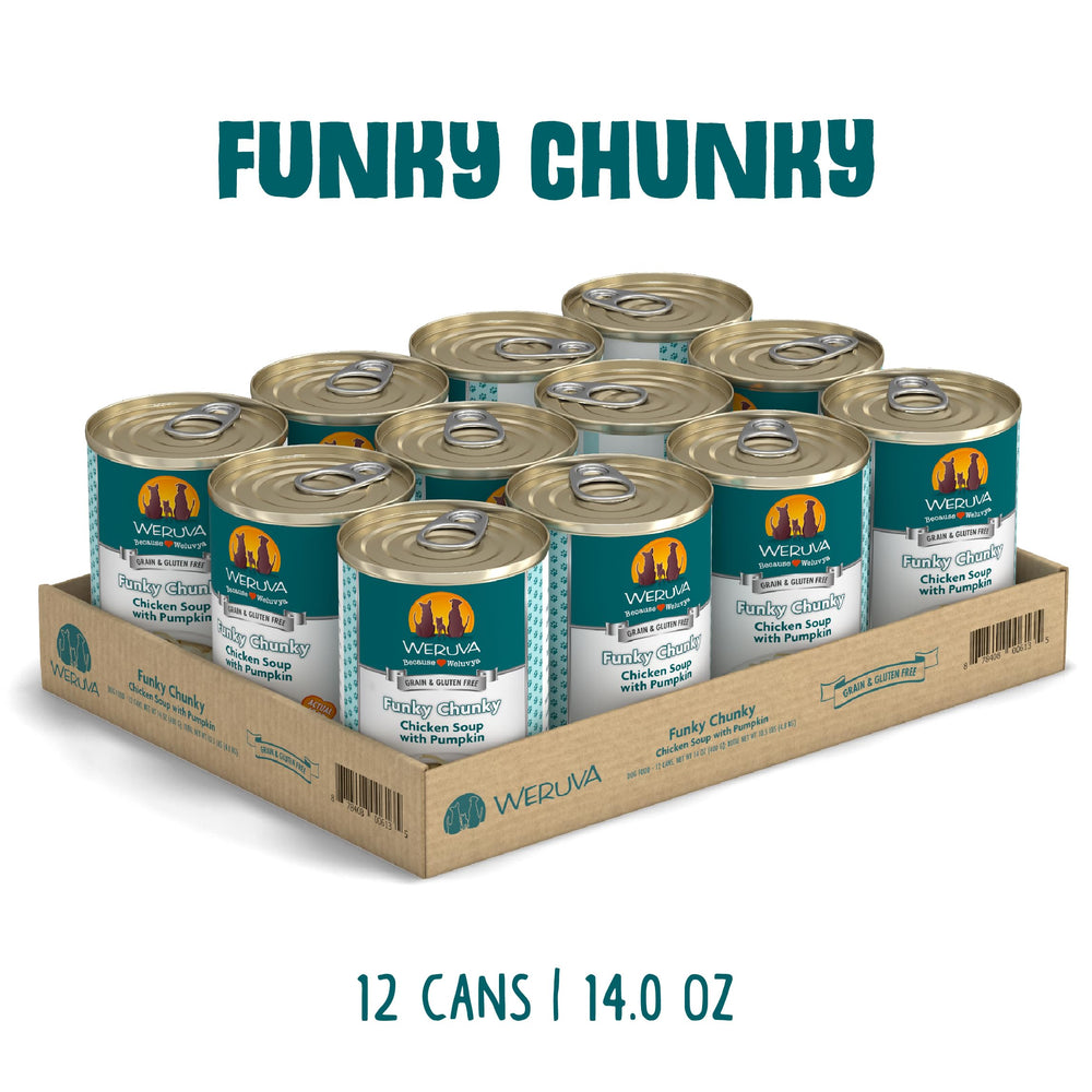 Opened Weruva Funky Chunky Chicken Soup can reveals chunky chicken pieces in gravy.