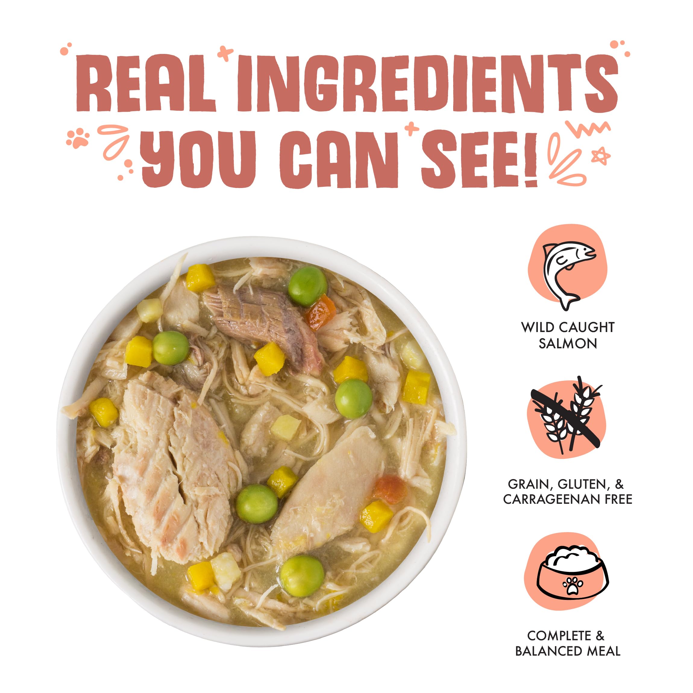 Weruva Jammin' Salmon ingredients image displays tomatoes, peas, and sweet potato in pumpkin base