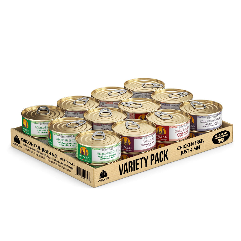 Weruva Just 4 Me poultry-free variety pack cans showing rotation-ready meals