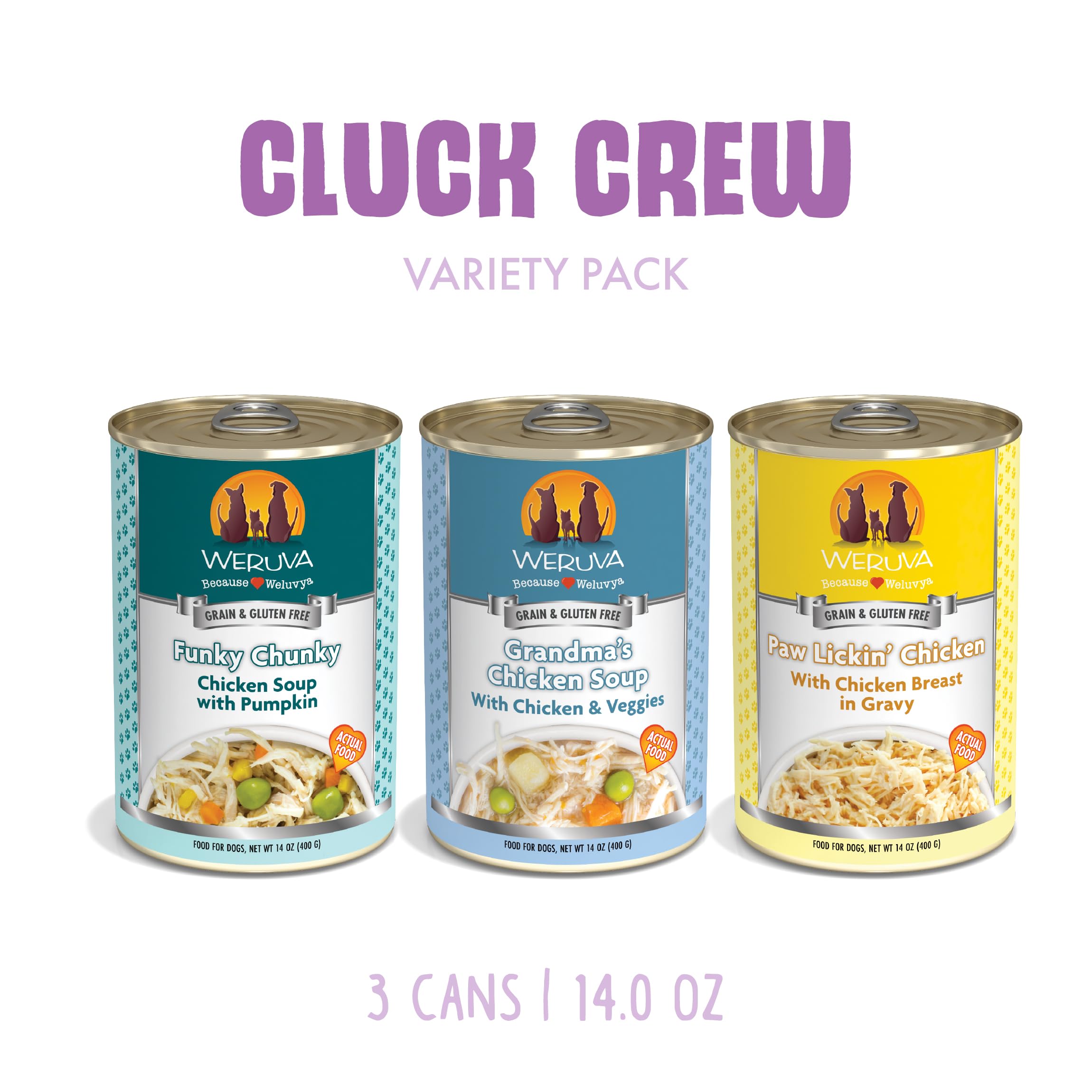 Weruva Paw Lickin Chicken 14oz can with savory chunks for mealtime variety.