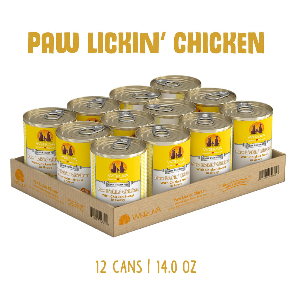 Weruva logo and ingredients highlight high-quality, visible chicken for pets.