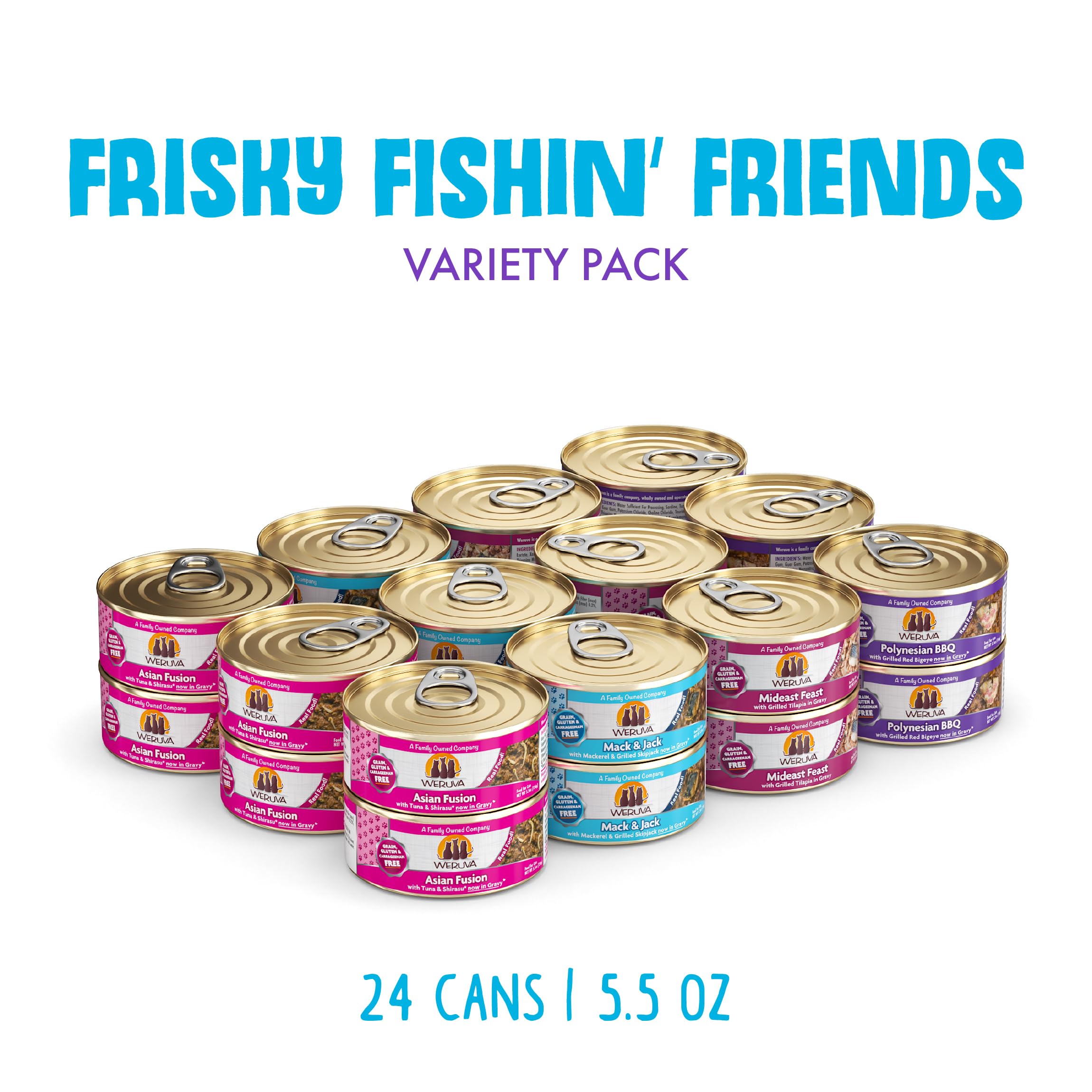 Weruva Frisky Fishin' Friends six cans of Mideast Feast and Mack & Jack