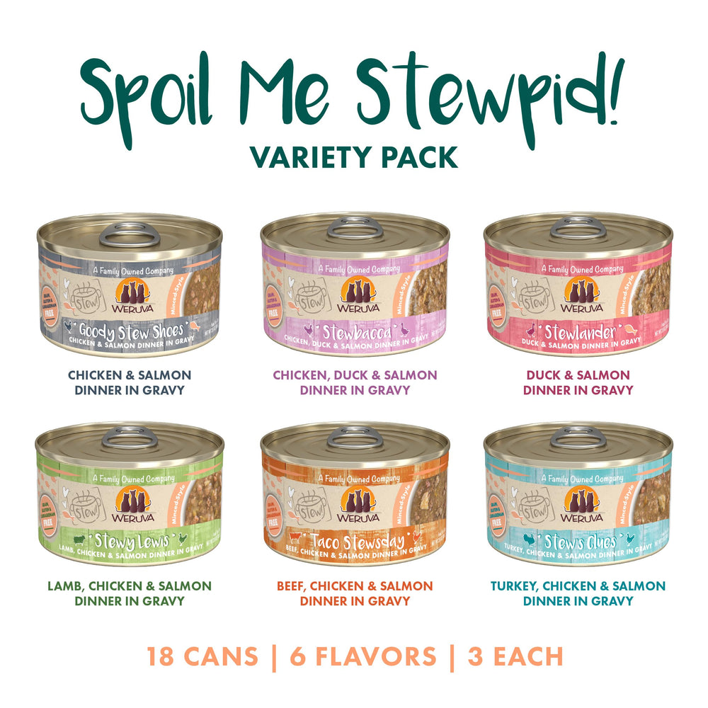 Weruva Classic Stews six-variety display, offering diverse flavors for cats.