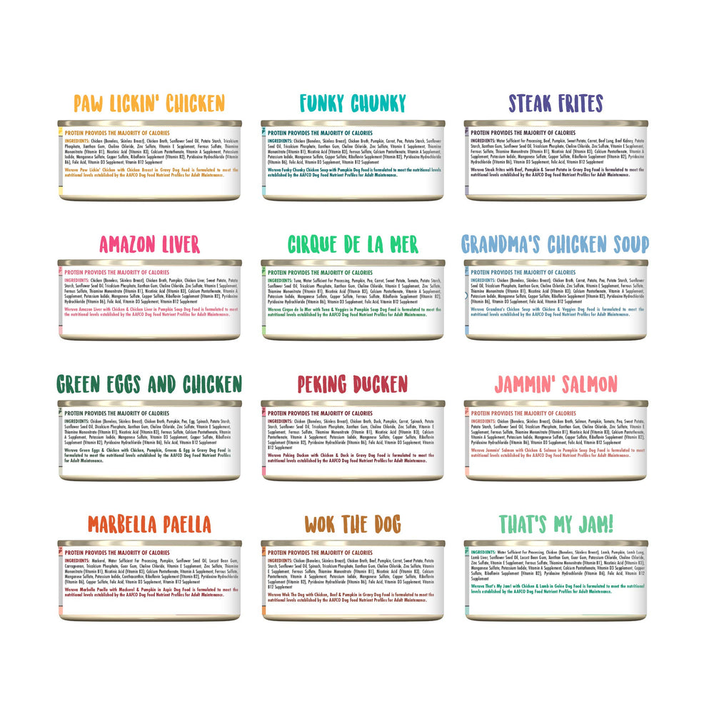Weruva dog food cans in a row, illustrating convenient variety for quick meals.
