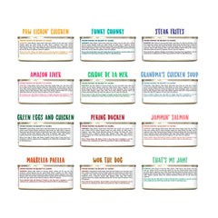 Weruva dog food cans in a row, illustrating convenient variety for quick meals.