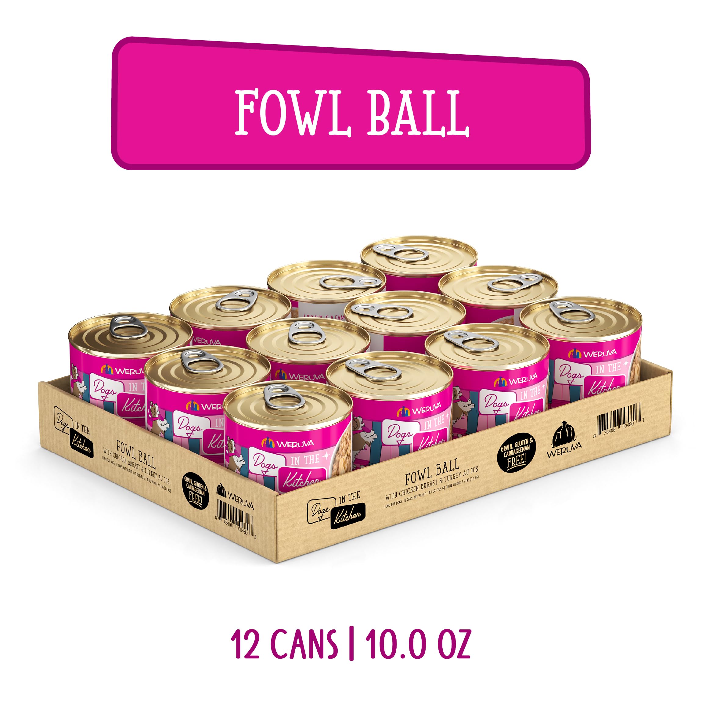 Weruva Fowl Ball shows shredded chicken and turkey in gravy for palatable texture.