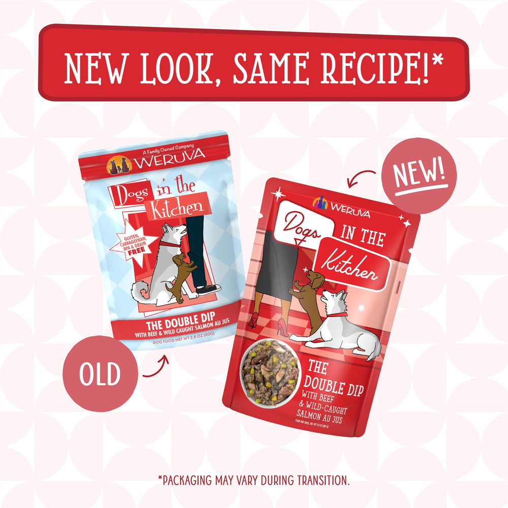 Weruva Dogs in The Kitchen grain-free beef-salmon pouch, supports sensitive diets