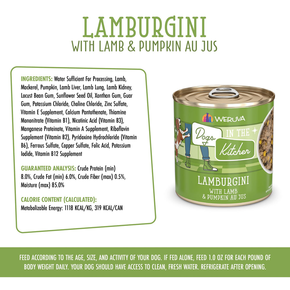 Weruva Dogs in the Kitchen Lamburgini label closeup, brand trust and quality.