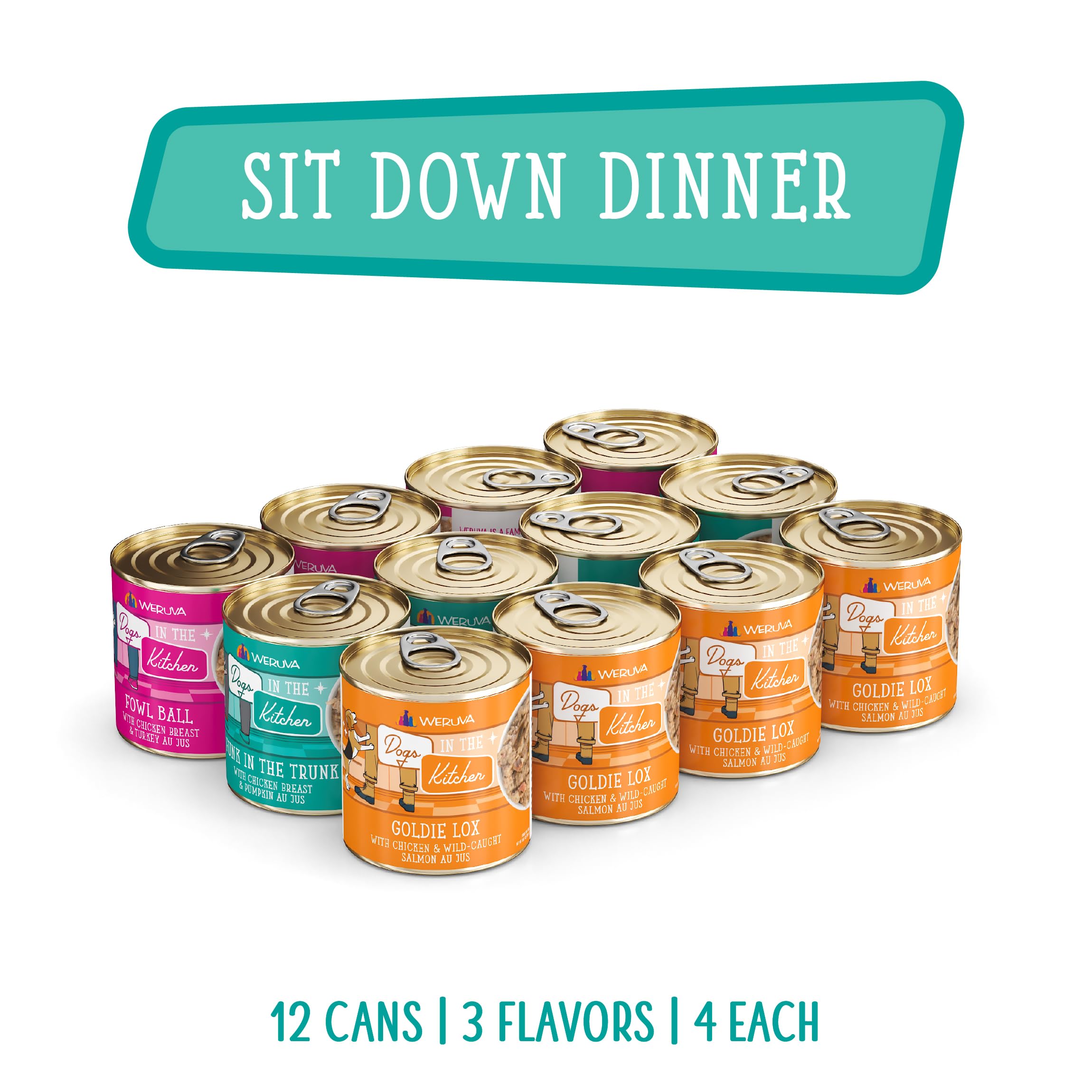 Close-up of the four flavors in the variety pack display for dogs.