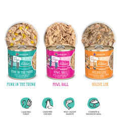 Cans showcase boneless shredded chicken and fish proteins for variety.