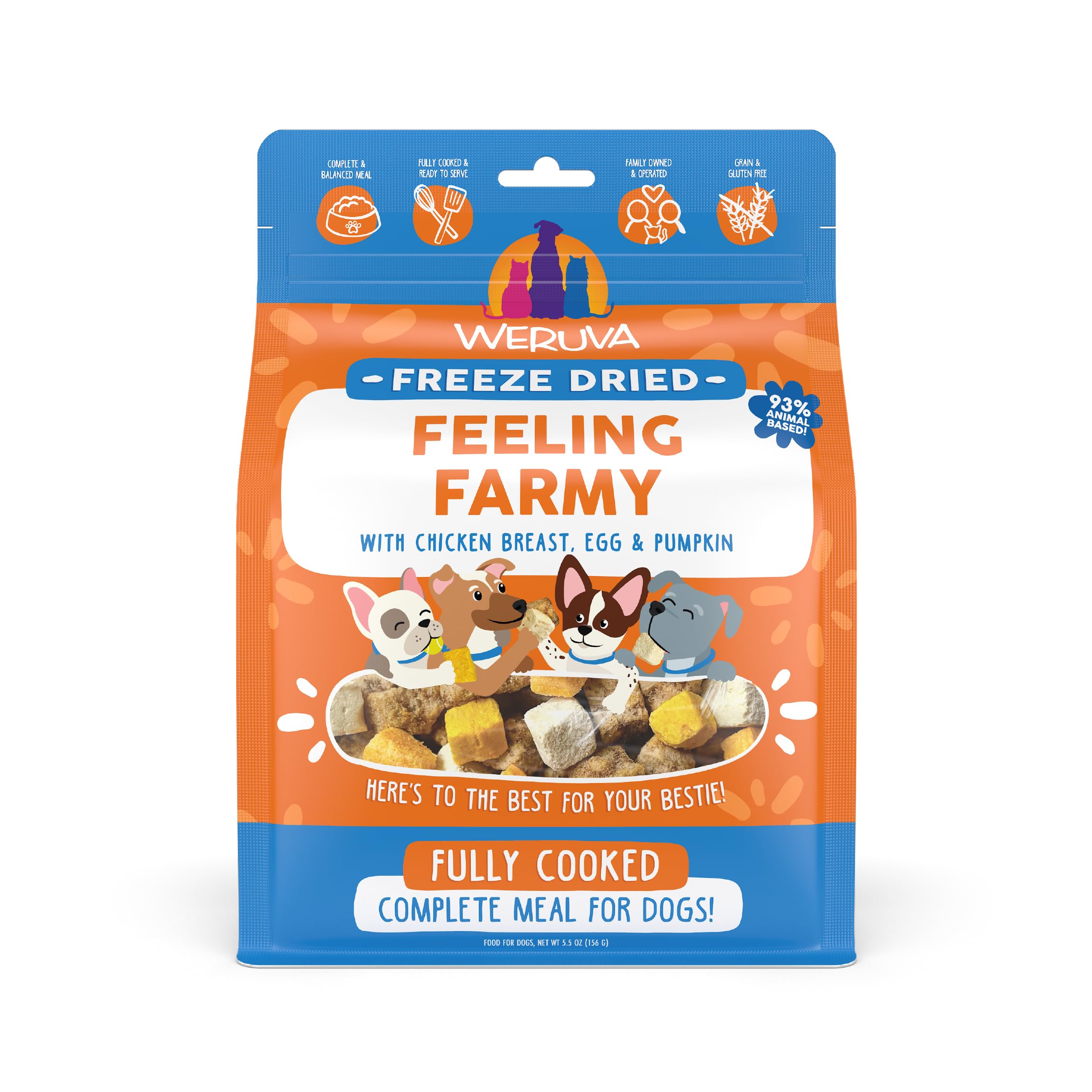 Weruva Feeling Farmy freeze-dried dog bag front for quick, grab-and-go meals.