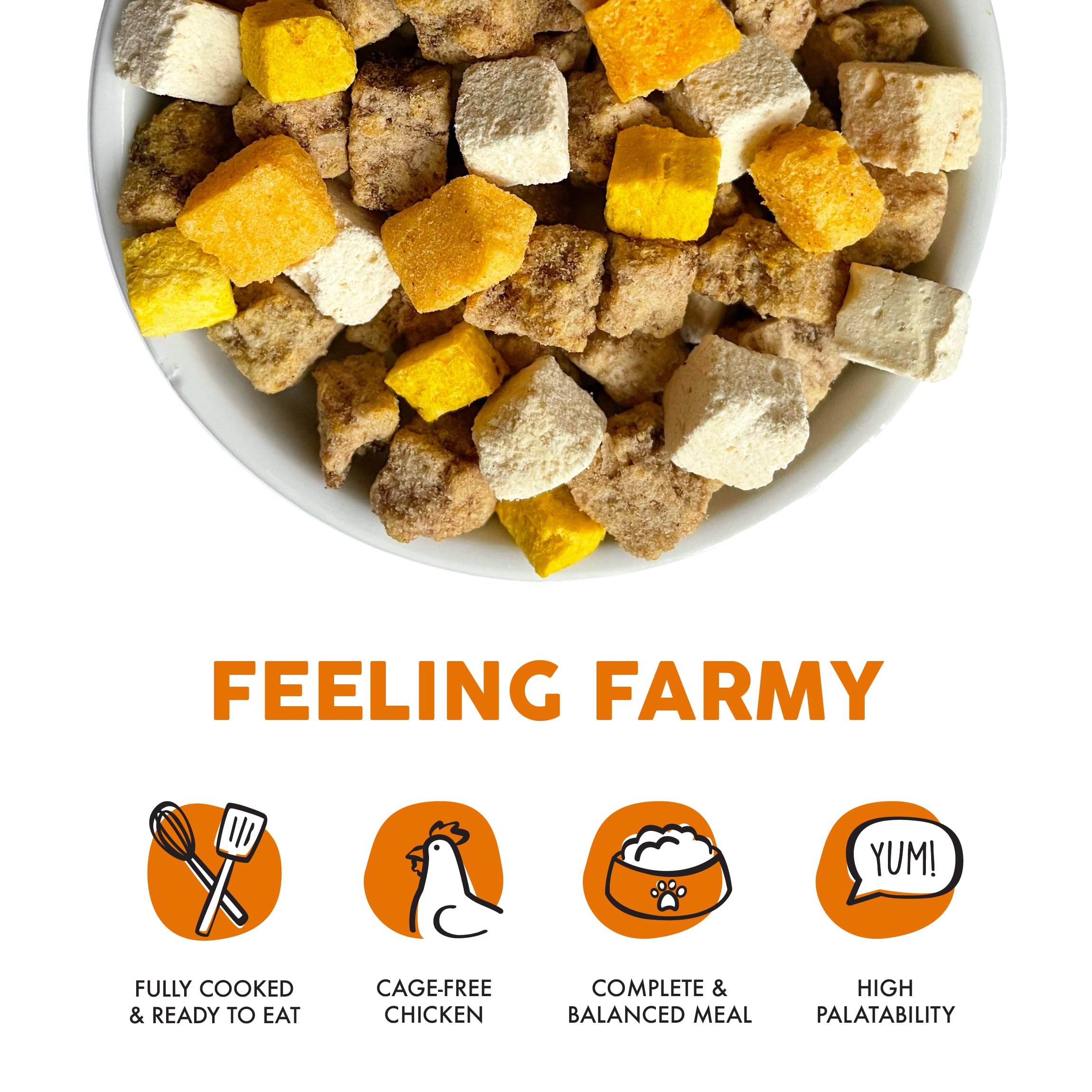 Weruva Feeling Farmy freeze-dried dog cubes close-up for easy bite-sized servings.