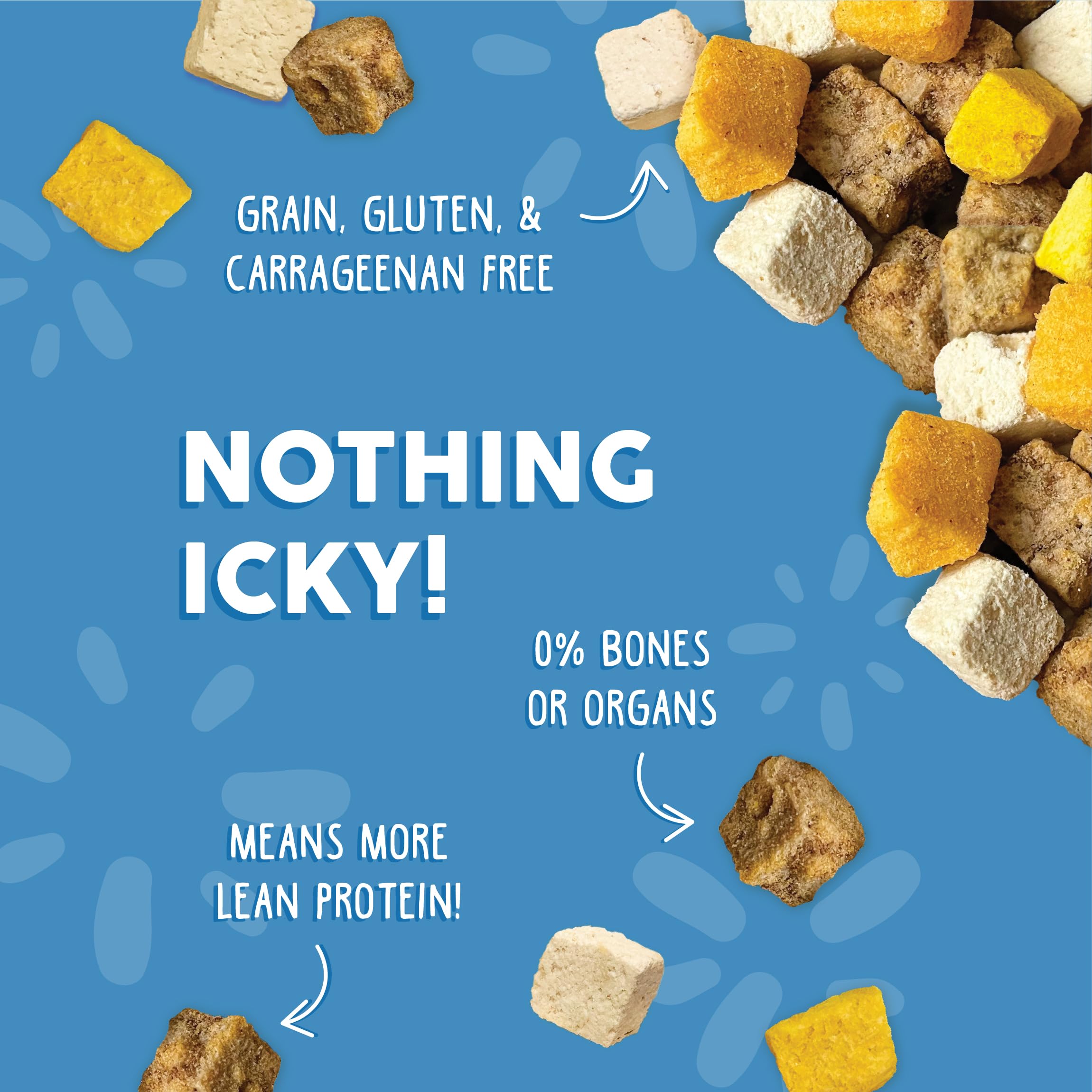 Weruva Feeling Farmy grain-free formula image showing no grains or soy.
