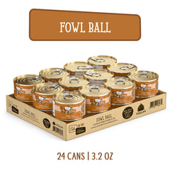 Weruva Fowl Ball chicken-turkey au jus ingredient list on label.