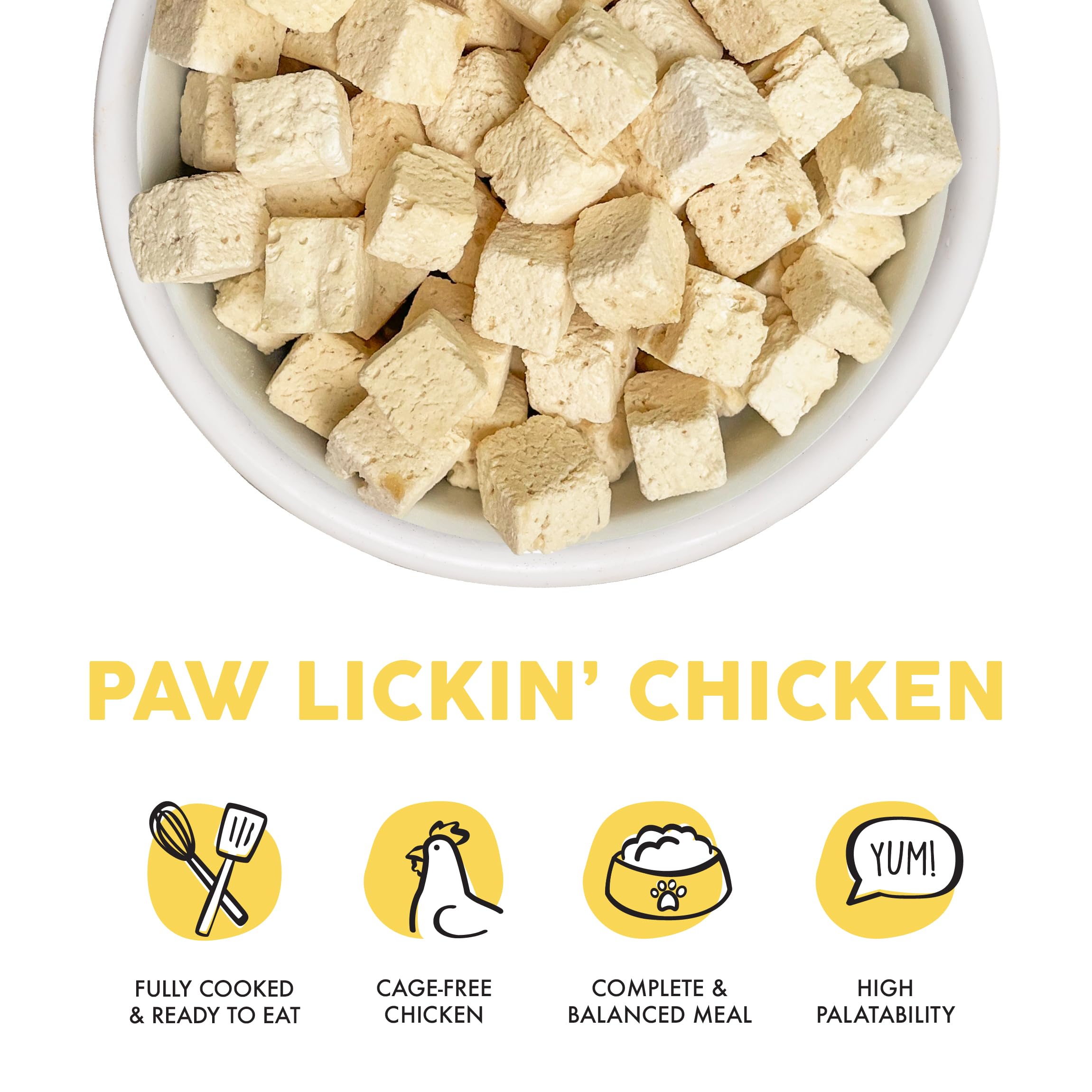 Close-up of Weruva Freeze-Dried Chicken cubes showing bite-sized texture for convenient meals.