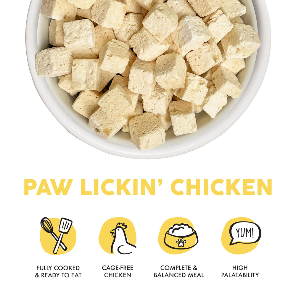 Close-up of Weruva Freeze-Dried Chicken cubes showing bite-sized texture for convenient meals.