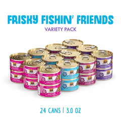 Weruva Frisky Fishin' Friends Mack & Jack can showcasing seafood variety
