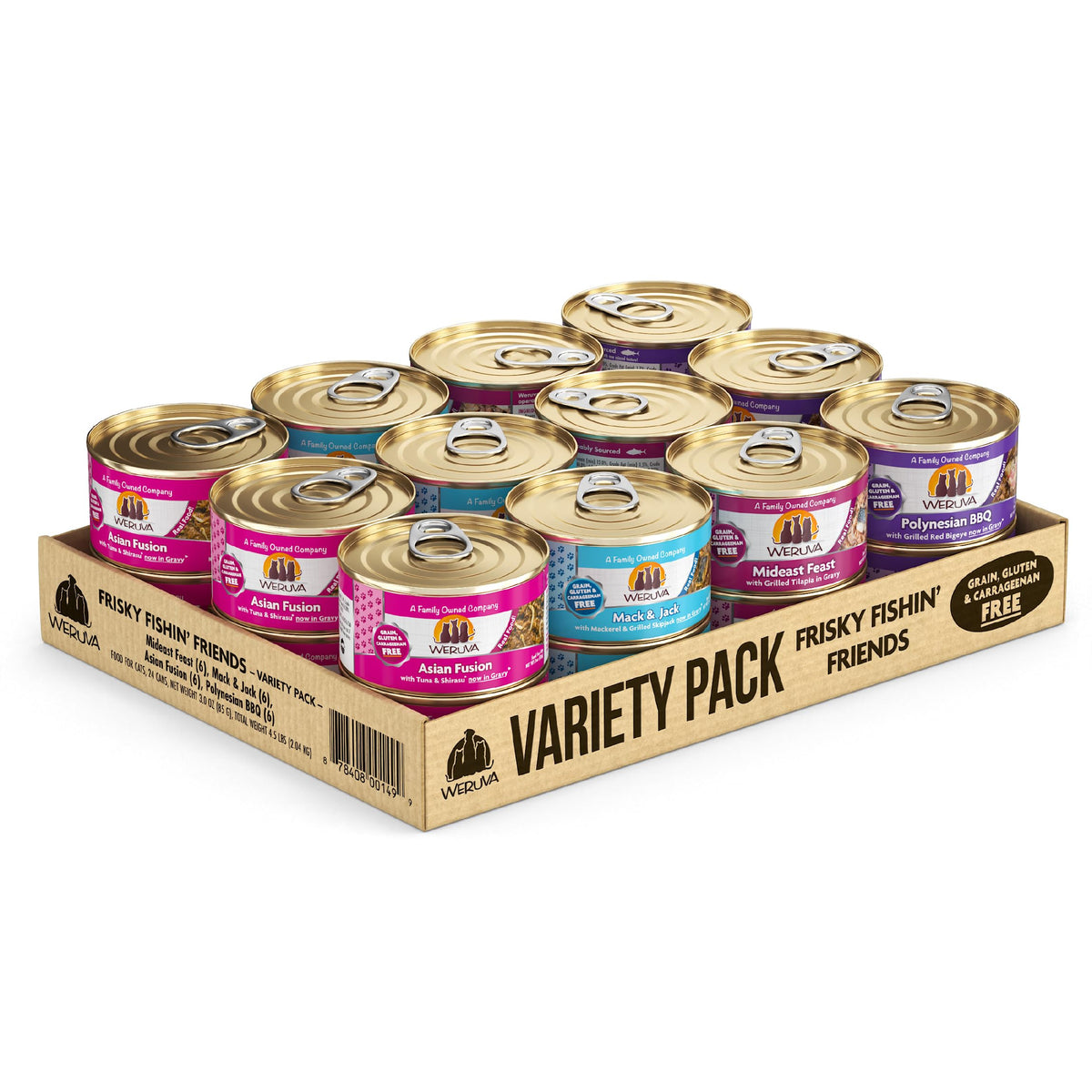 Weruva Frisky Fishin' Friends Mideast Feast can with flaky fish, appealing texture