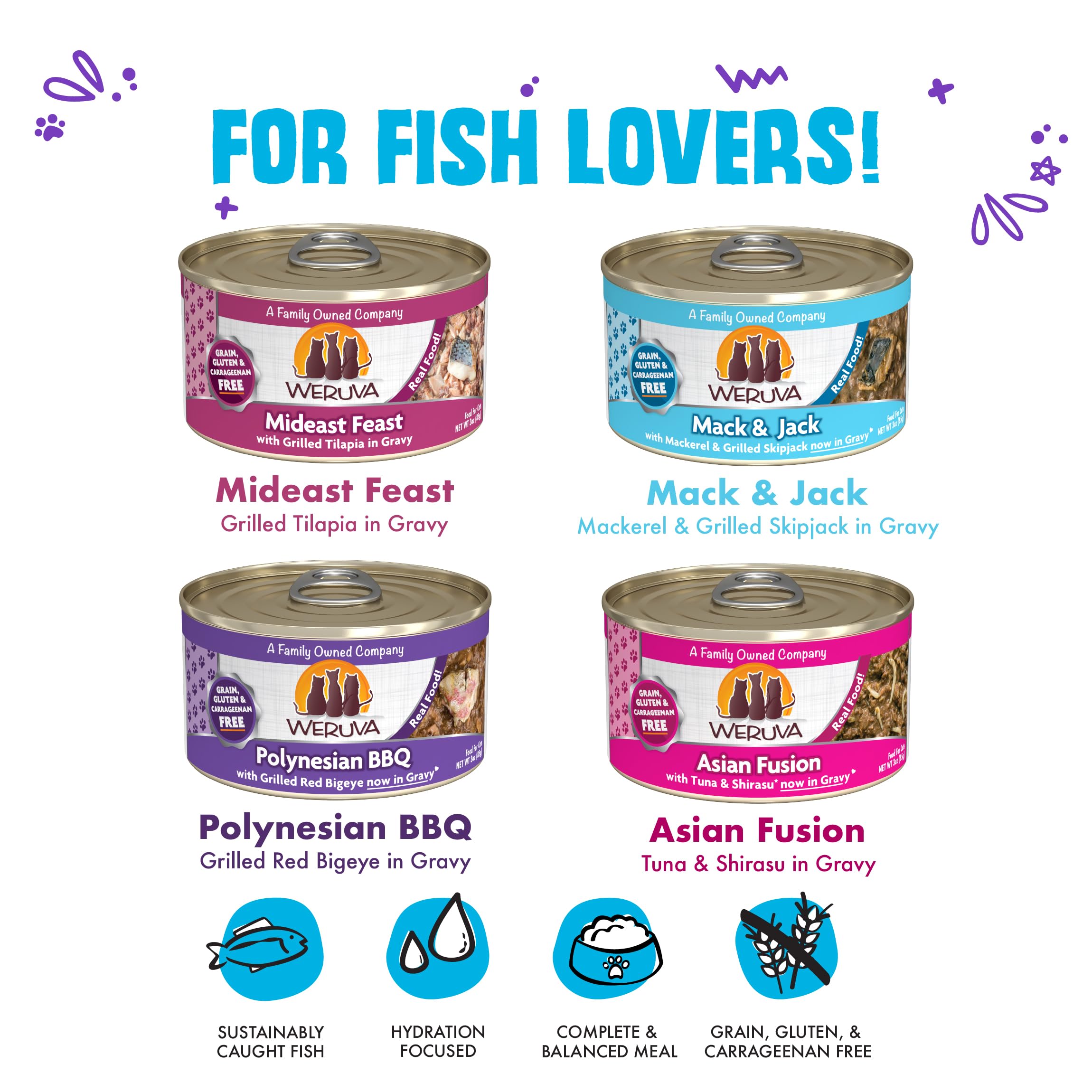Weruva Frisky Fishin' Friends Polynesian BBQ can with real ingredients