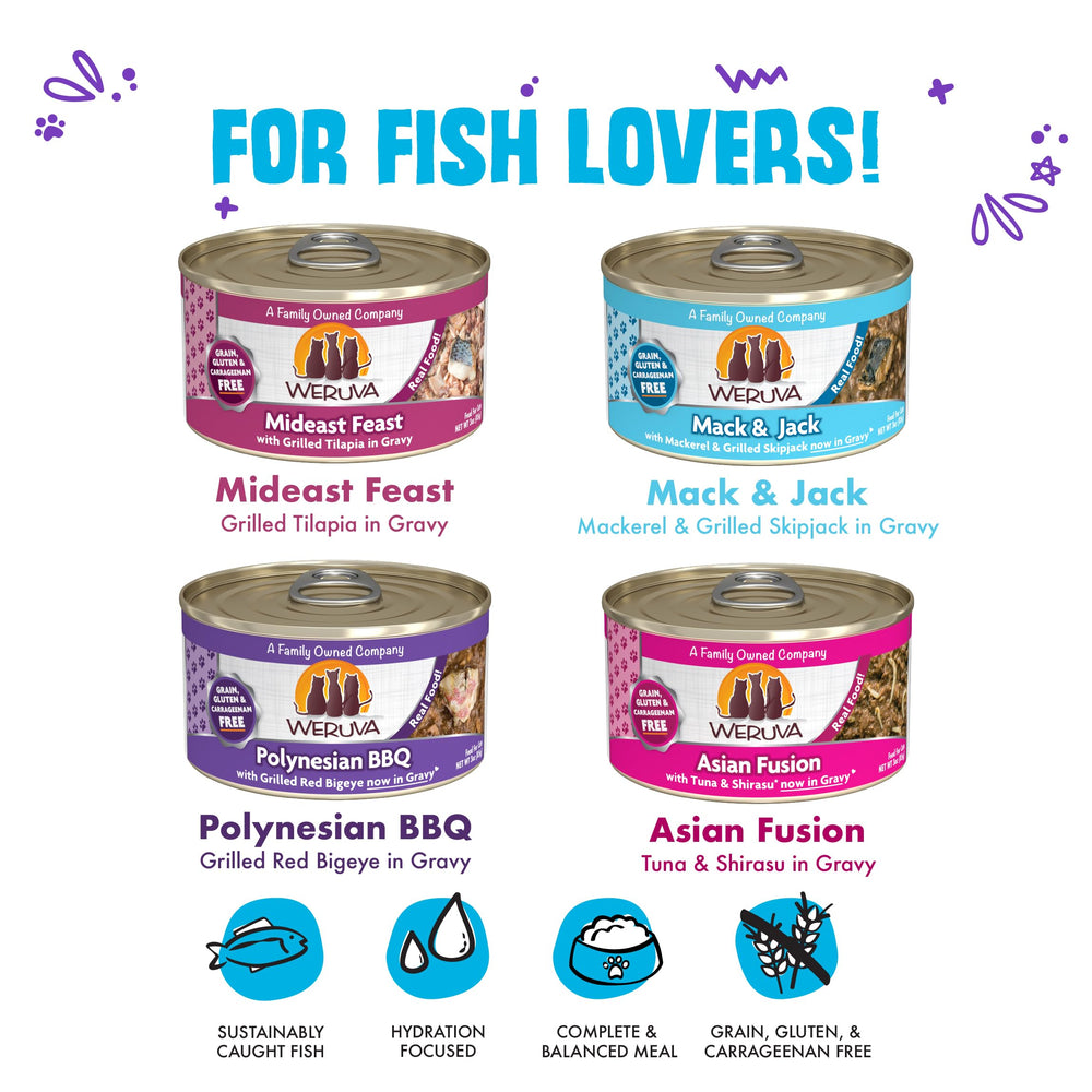 Weruva Frisky Fishin' Friends Polynesian BBQ can with real ingredients