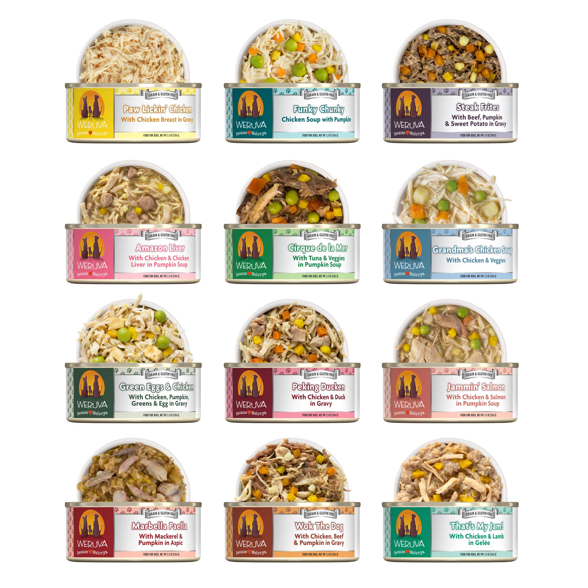 Weruva grain-free dog food cans close-up, highlighting grain-free recipe variety.