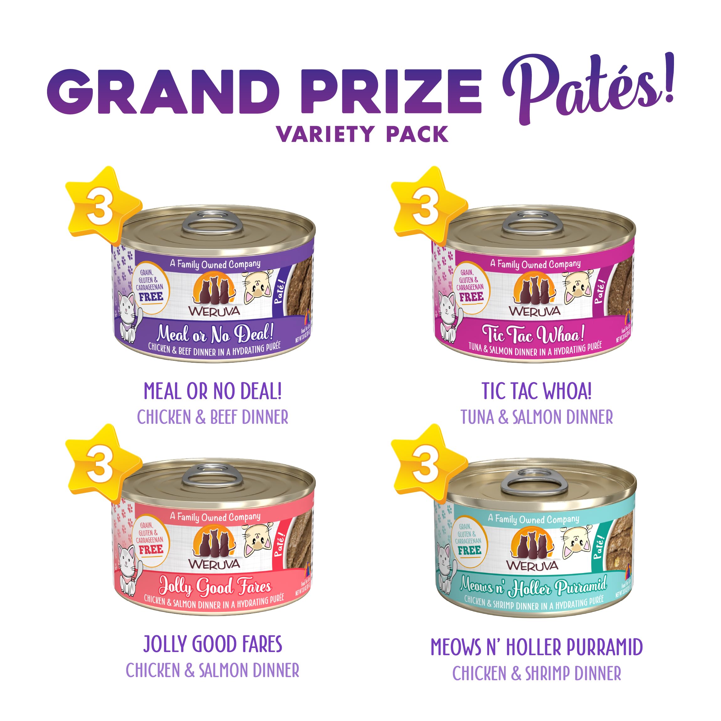 Weruva Grand Prize Patés Meows n' Holler Purramid can, silky texture encourages licking