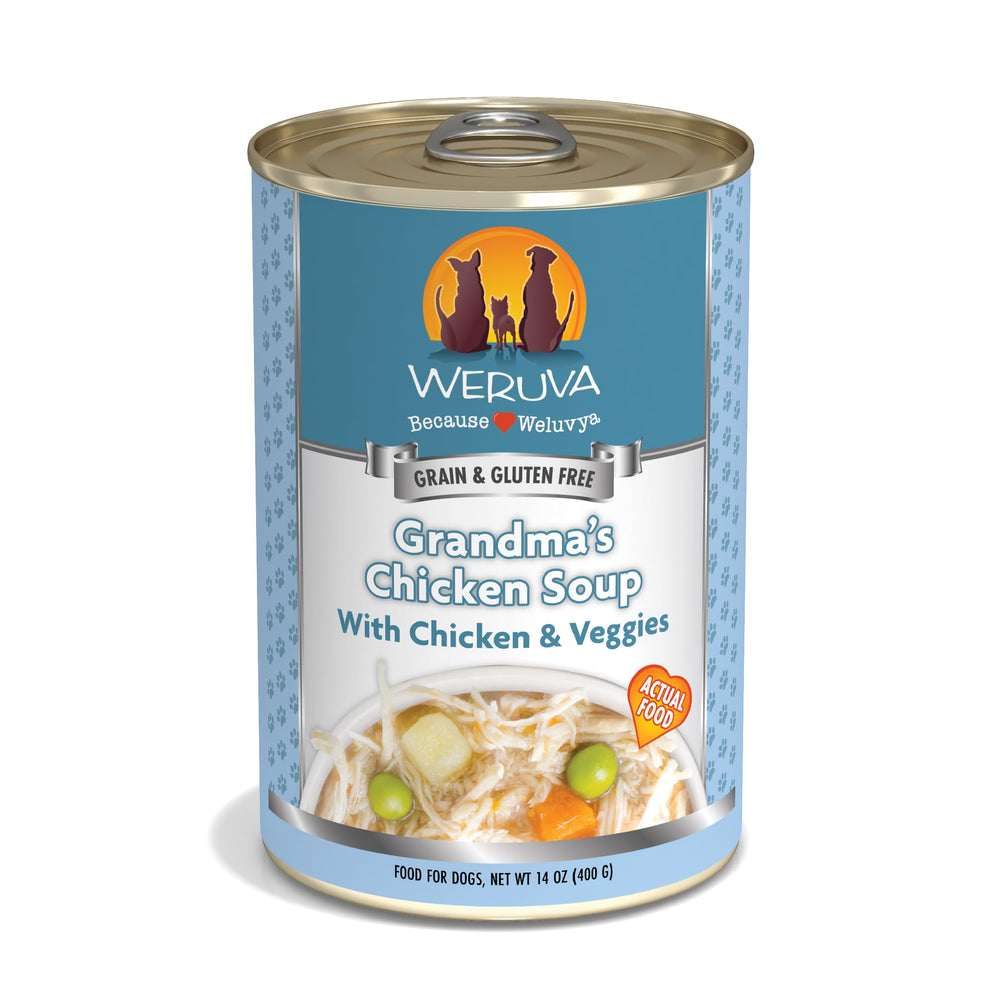 Weruva Grandma's Chicken Soup teal pack cans for easy dog meals