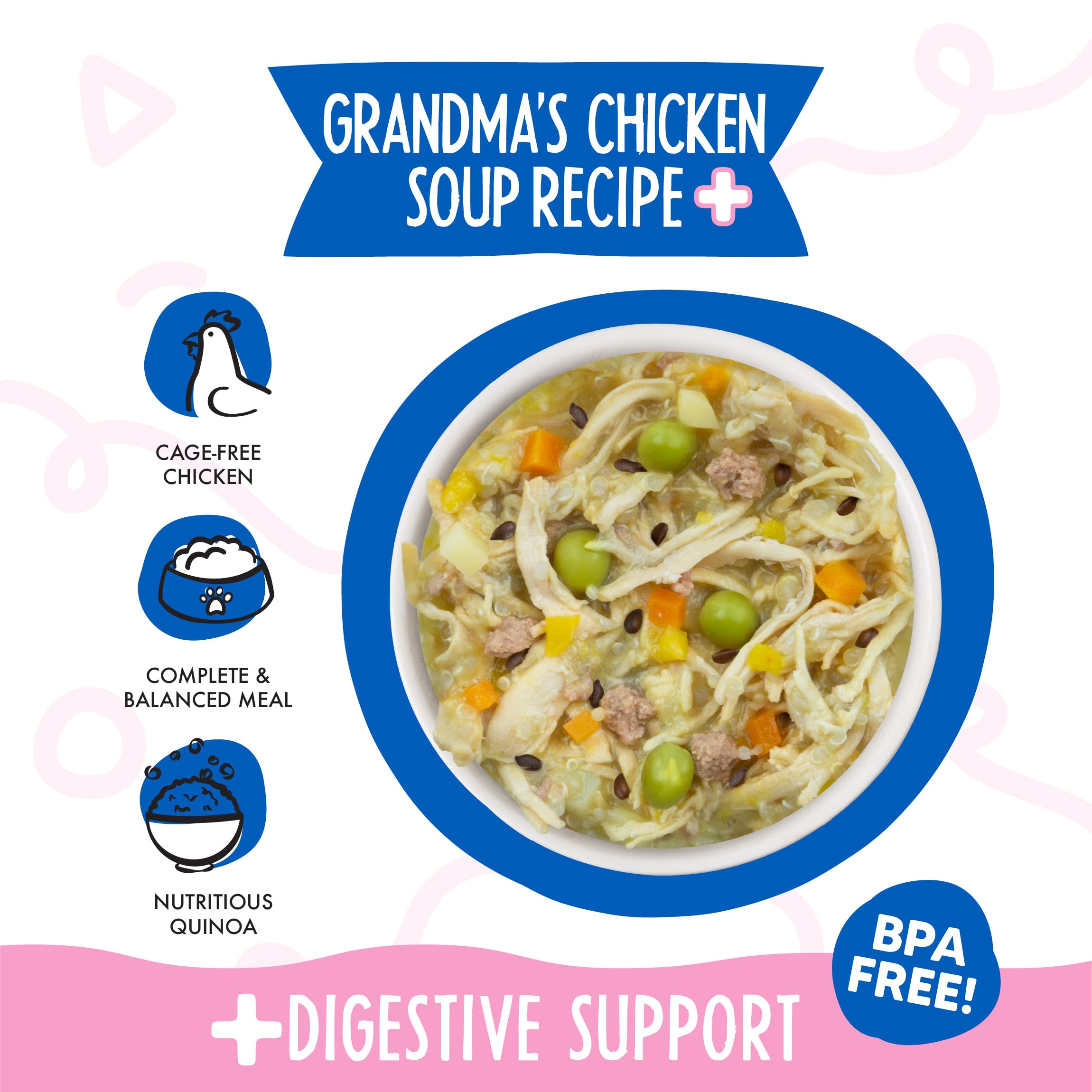 Weruva Grandma's Chicken Soup Plus Digestive Support shown in a bowl with chicken and vegetables.