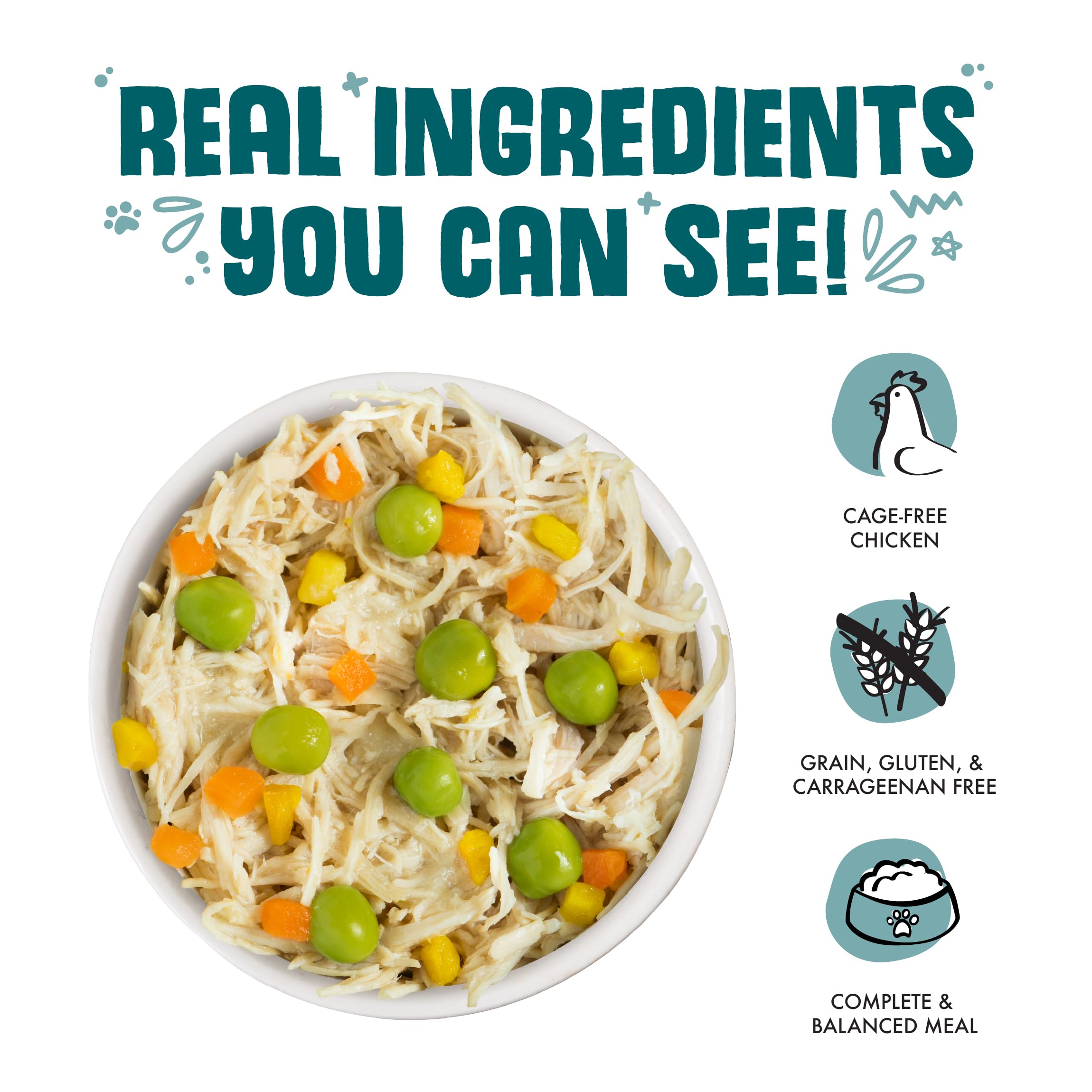 Weruva ingredients include chicken breast, pumpkin, carrots, and peas.