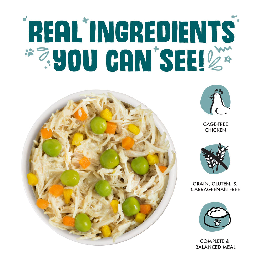 Weruva ingredients include chicken breast, pumpkin, carrots, and peas.