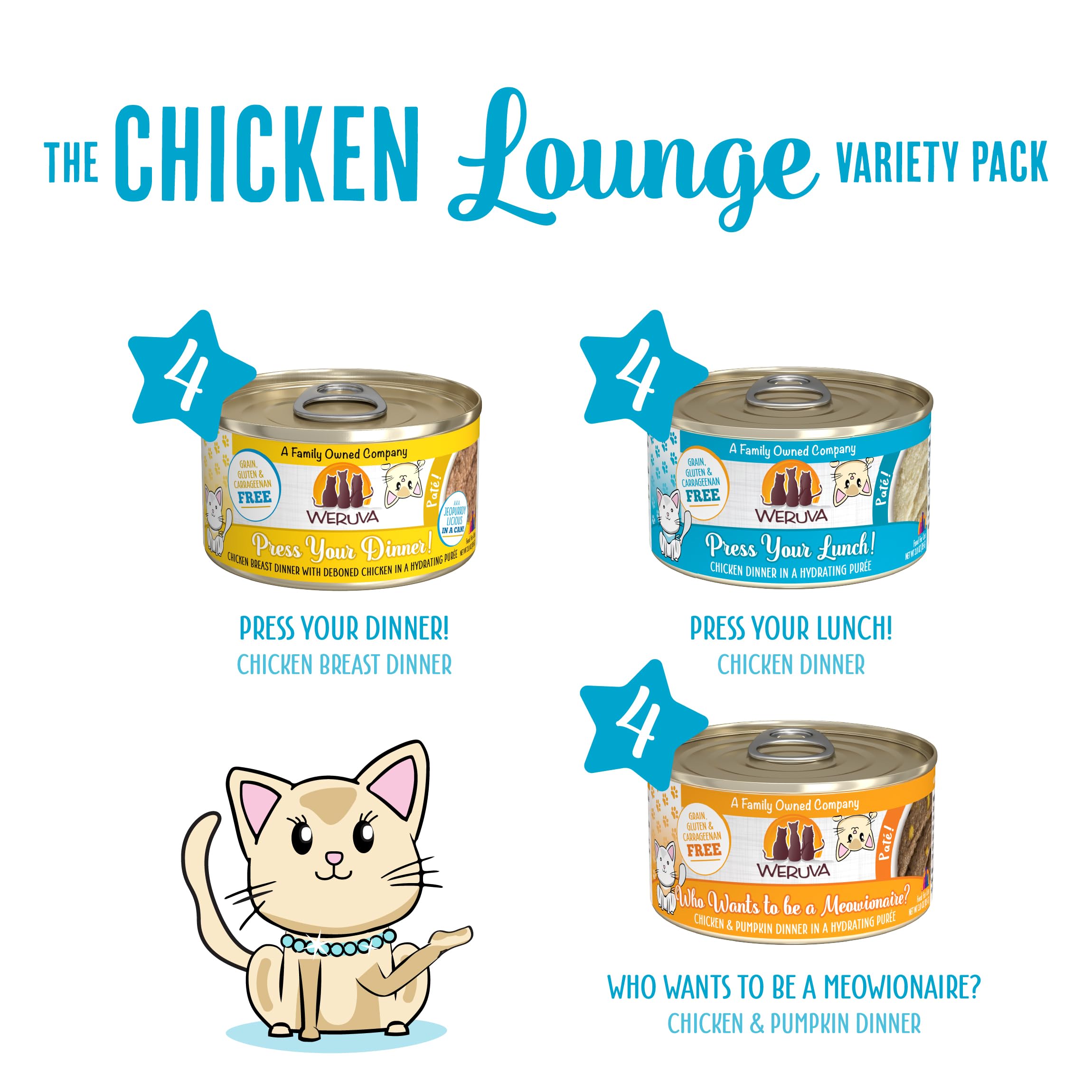 Weruva ingredients close-up showing cage-free chicken and tuna.