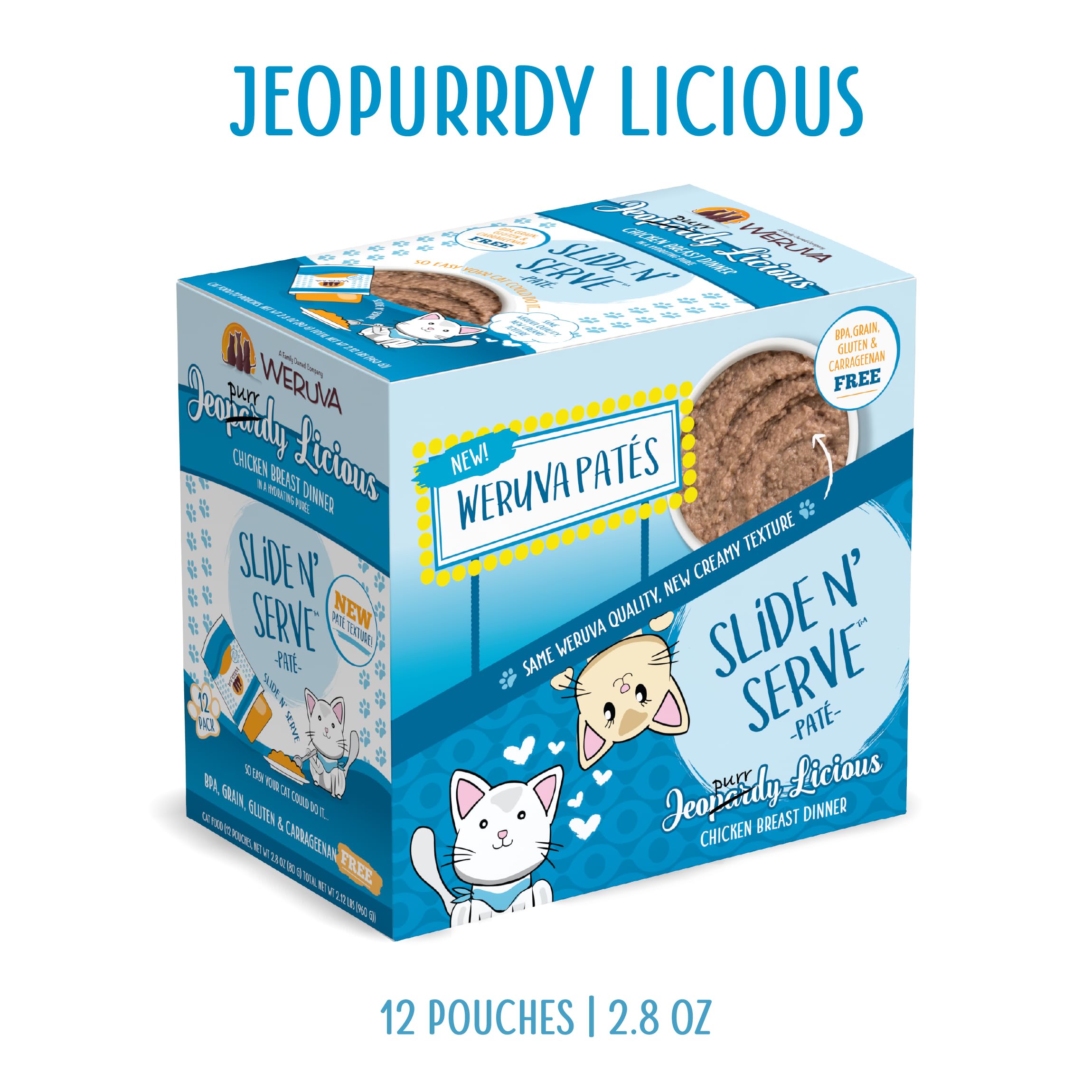 Jeopurrdy Licious chicken dinner presented to highlight cage-free white meat.