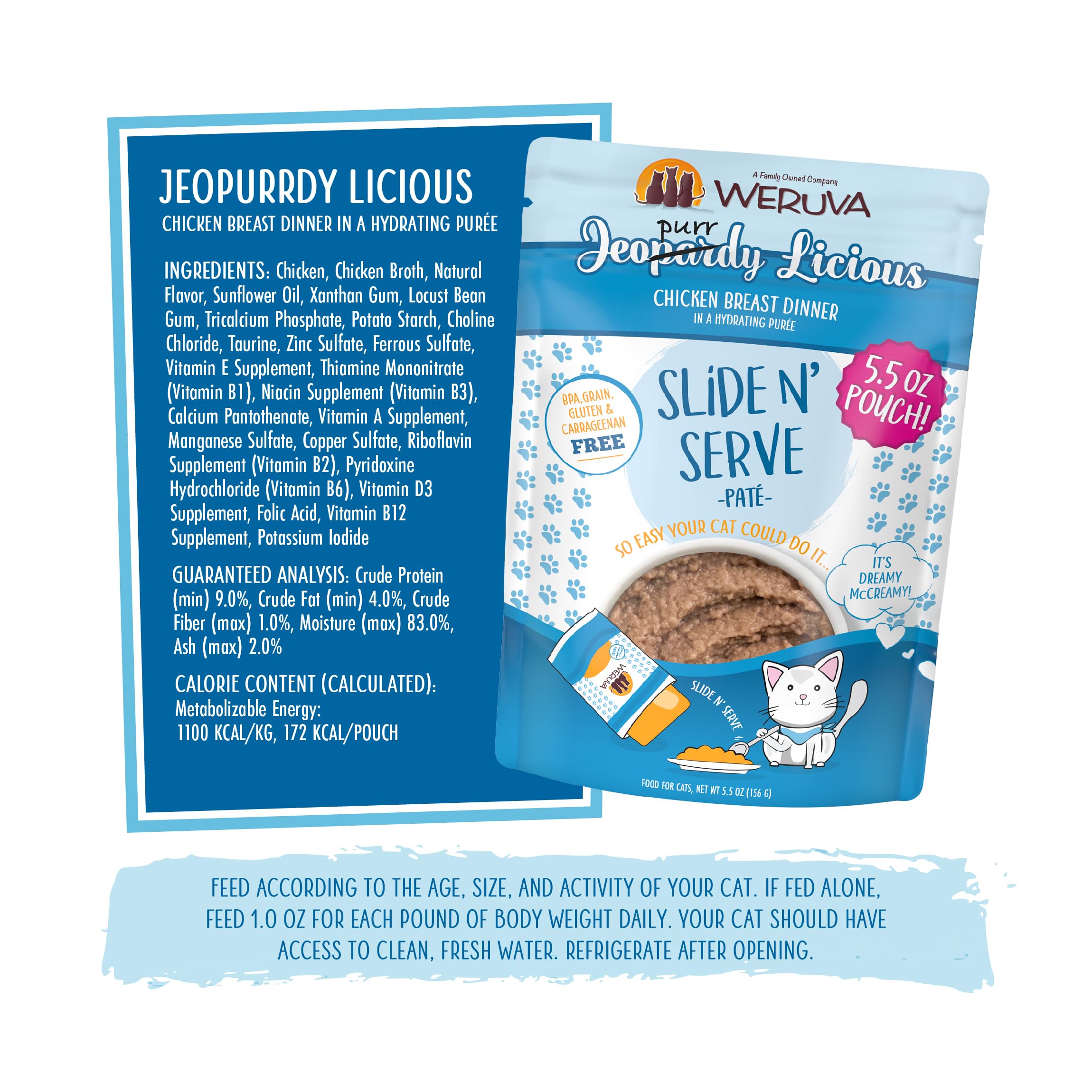 Weruva Jeopurrdy Licious chicken pate, grain-free and gluten-free formula.