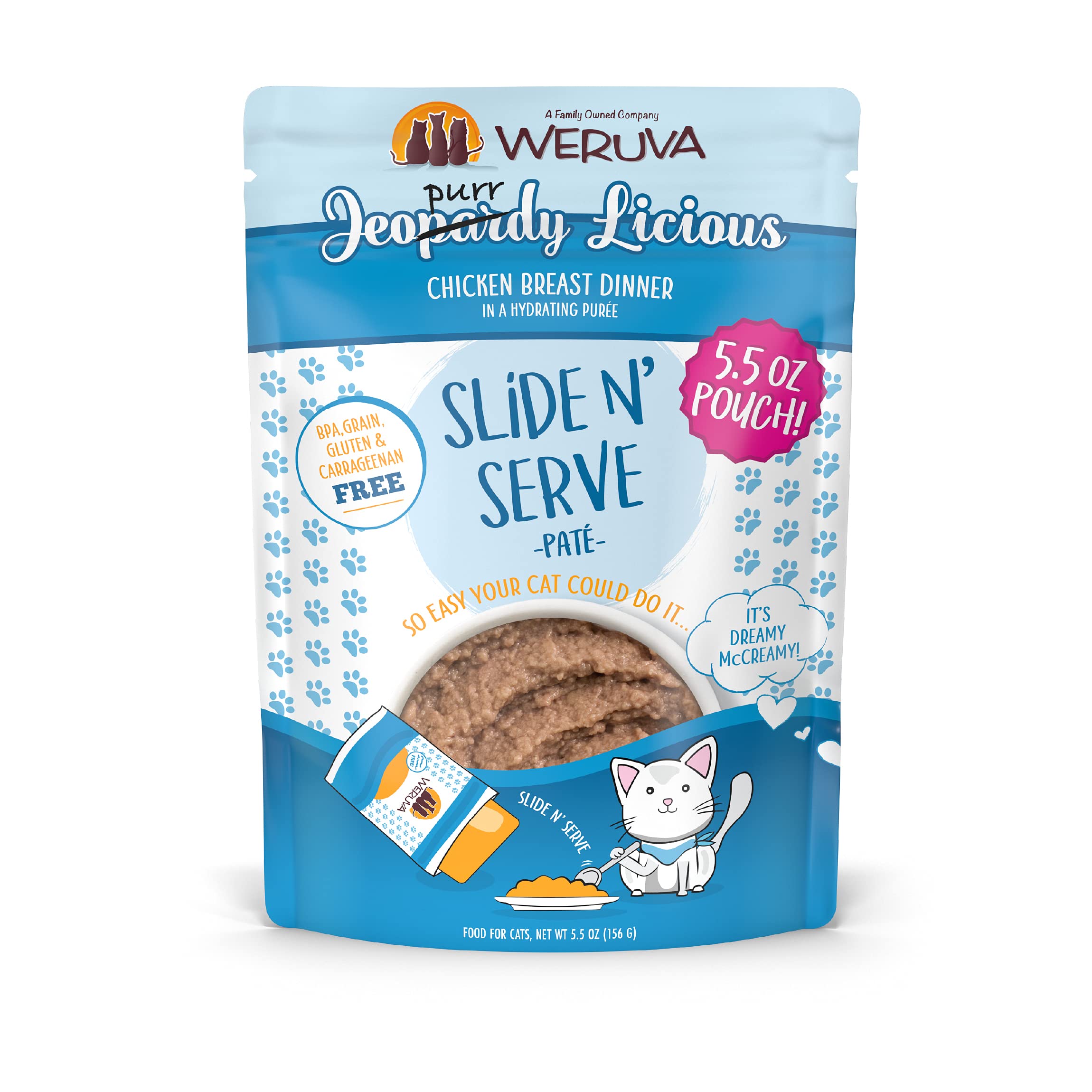 Weruva Jeopurrdy Licious chicken pate pouch close-up, creamy texture for easy feeding.