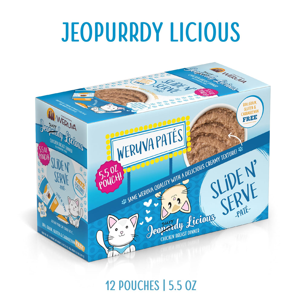 Weruva Jeopurrdy Licious pouch ready to serve, simple portion control.