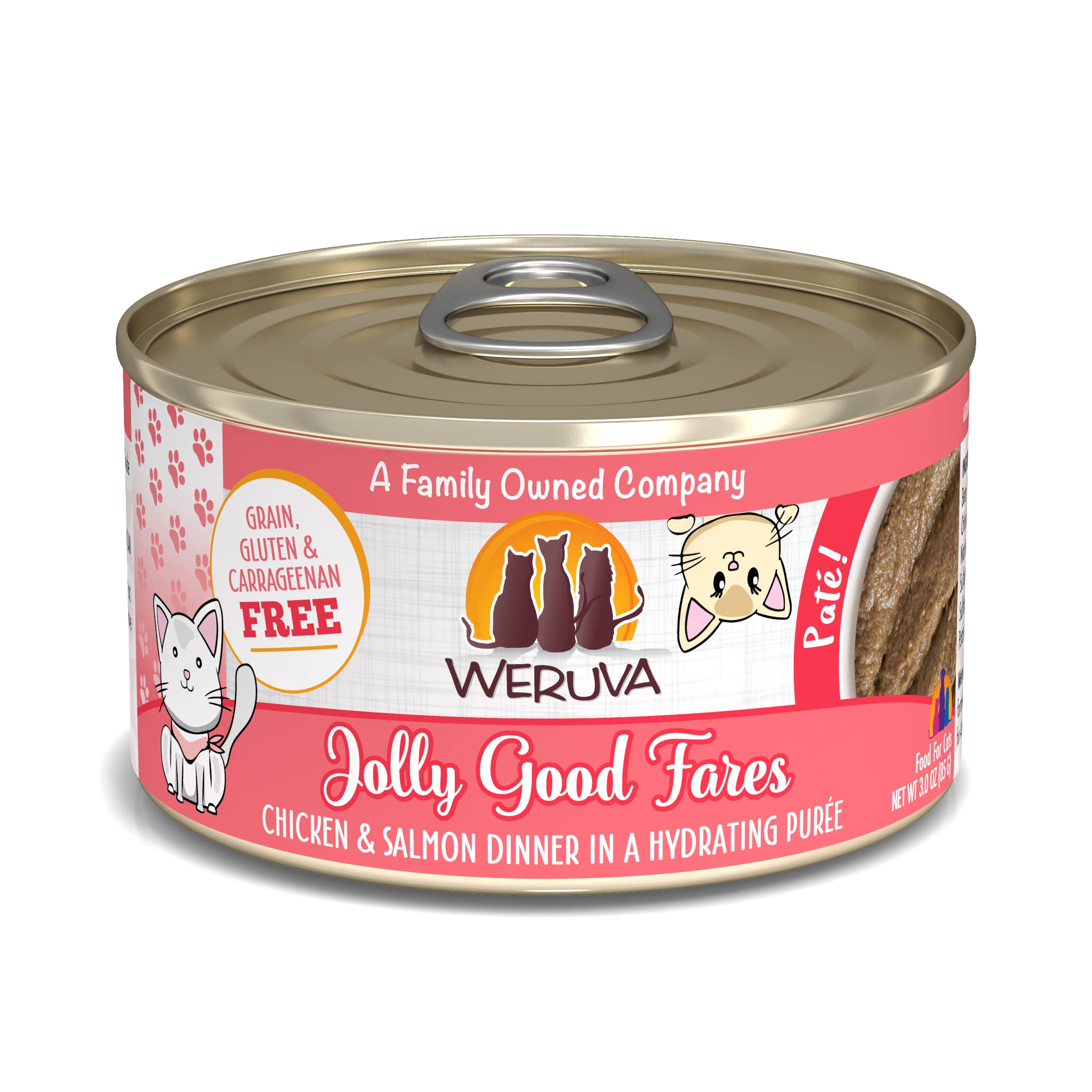 Weruva Jolly Good Fares chicken and salmon pate can with creamy texture.