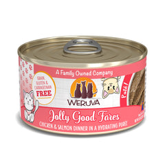 Weruva Jolly Good Fares chicken and salmon pate can with creamy texture.