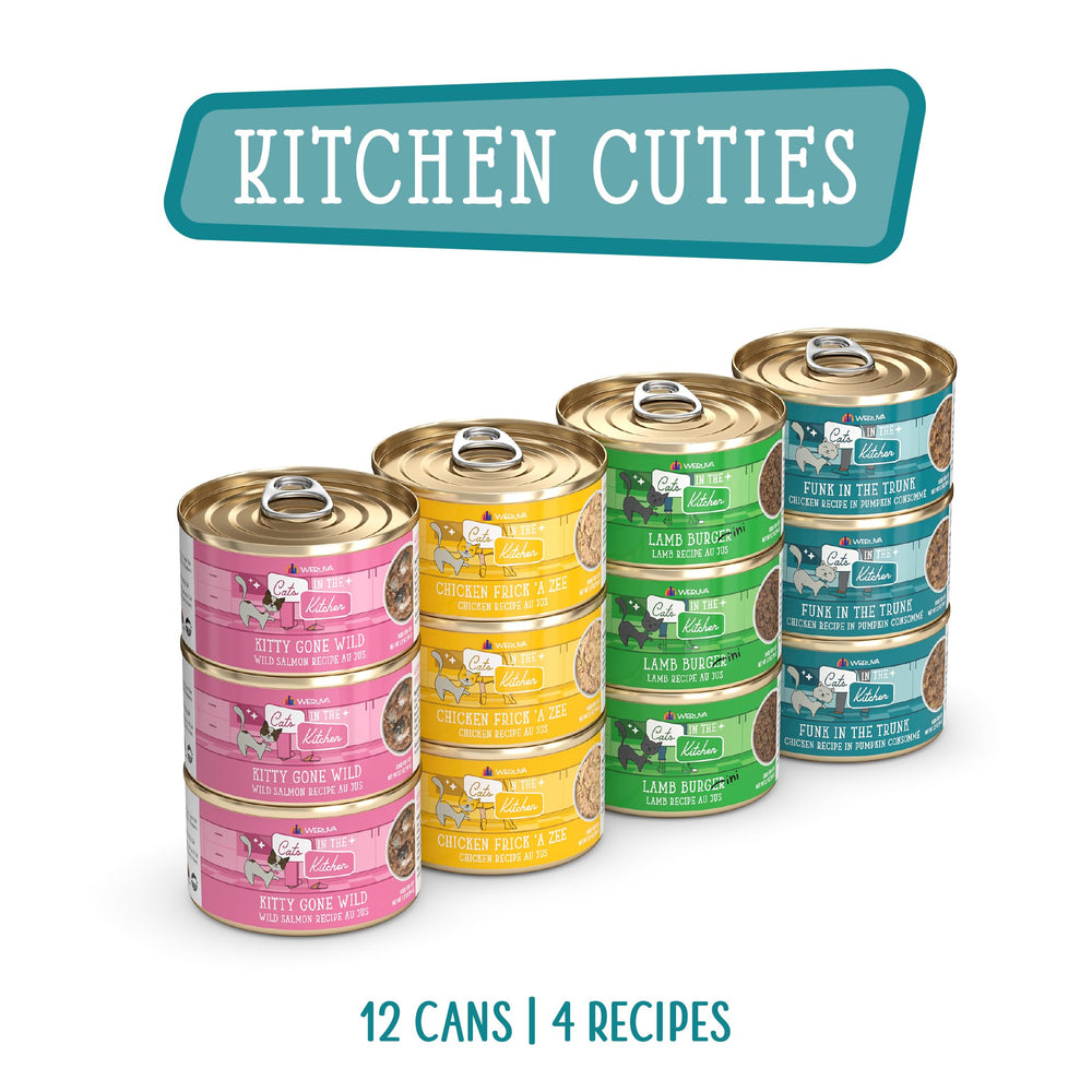 Weruva Kitchen Cuties Kitty Gone Wild can close-up with tender chicken and fish in gravy
