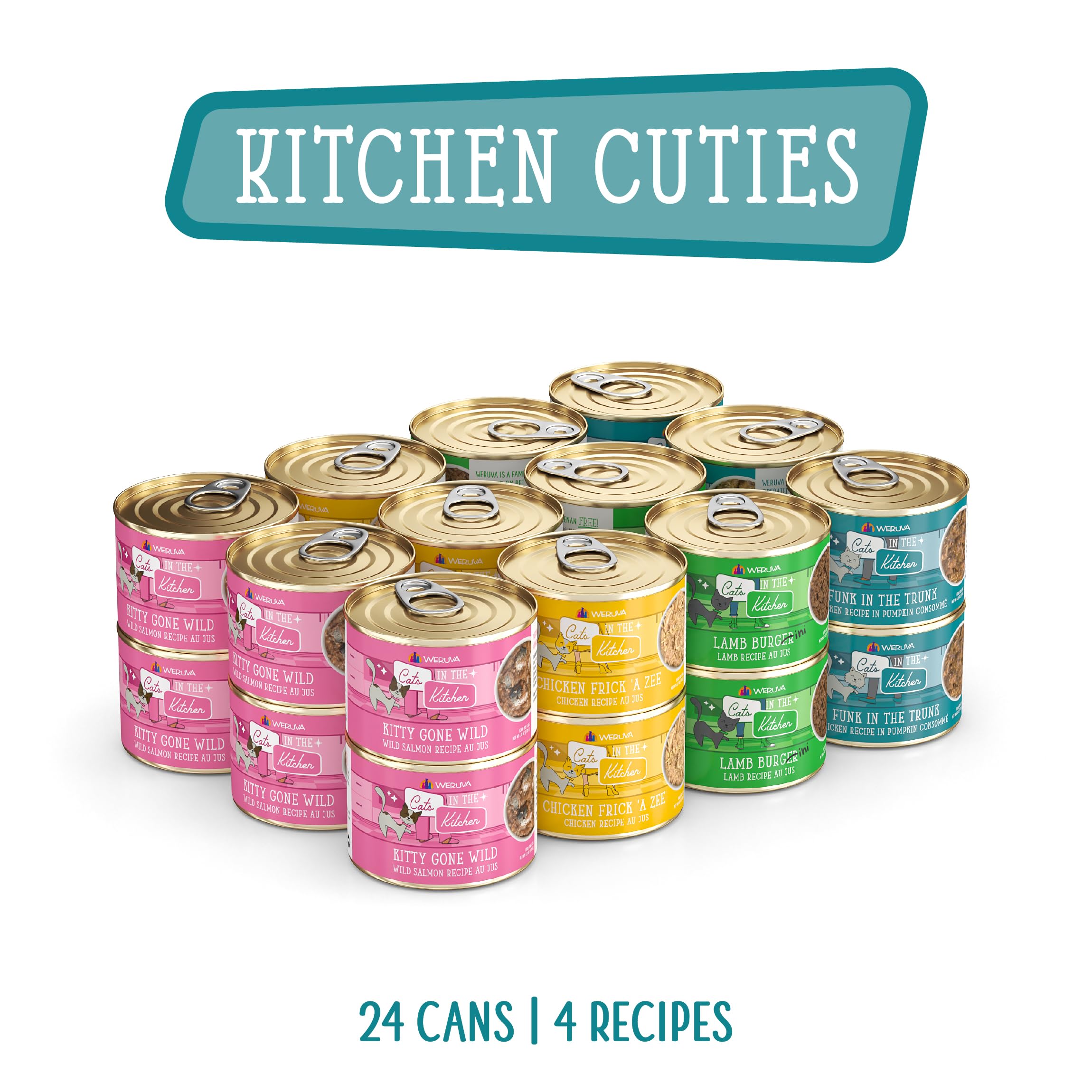Weruva Kitchen Cuties six-ounce cans, front view for pantry-friendly storage.