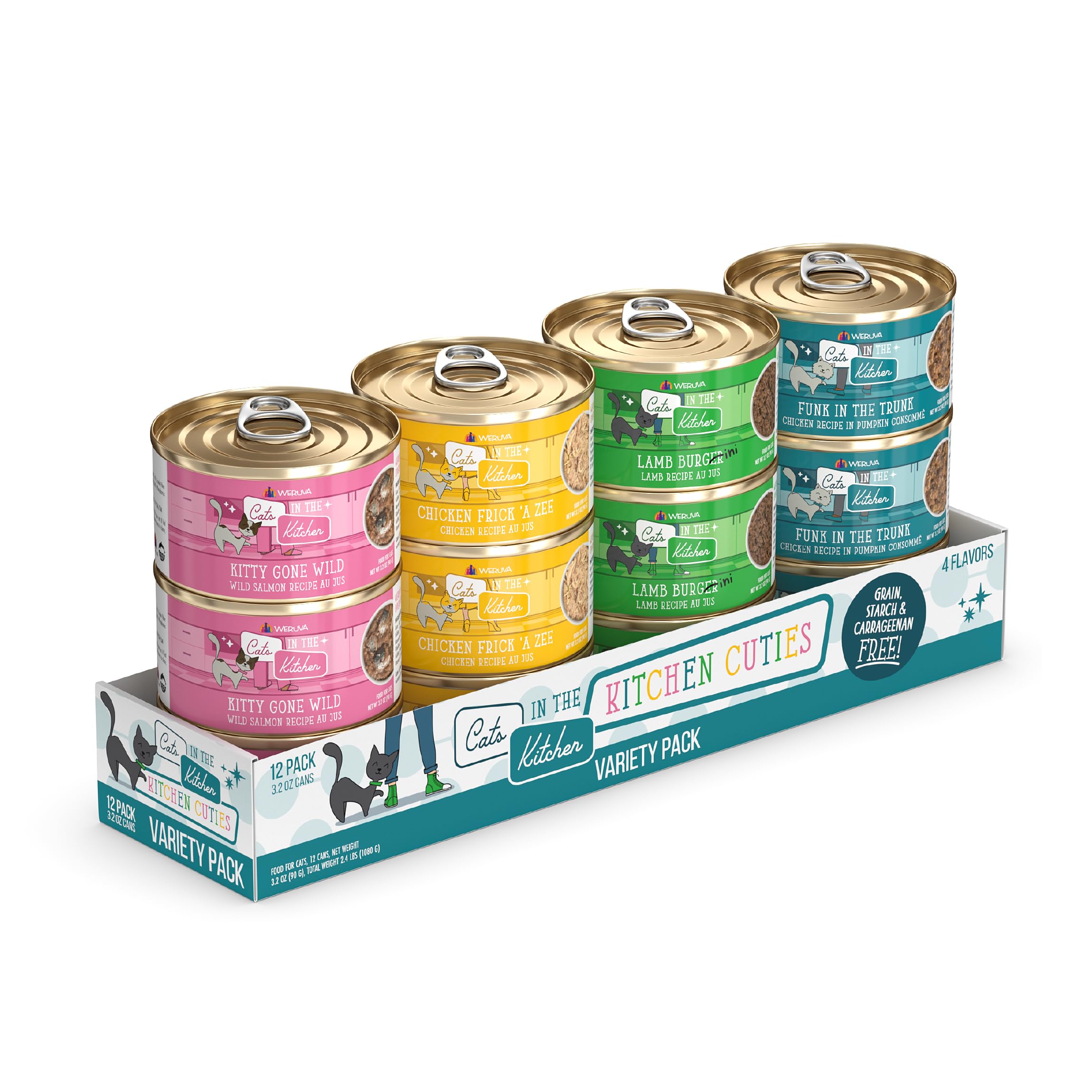 Weruva Kitchen Cuties variety pack display with premium proteins for cats