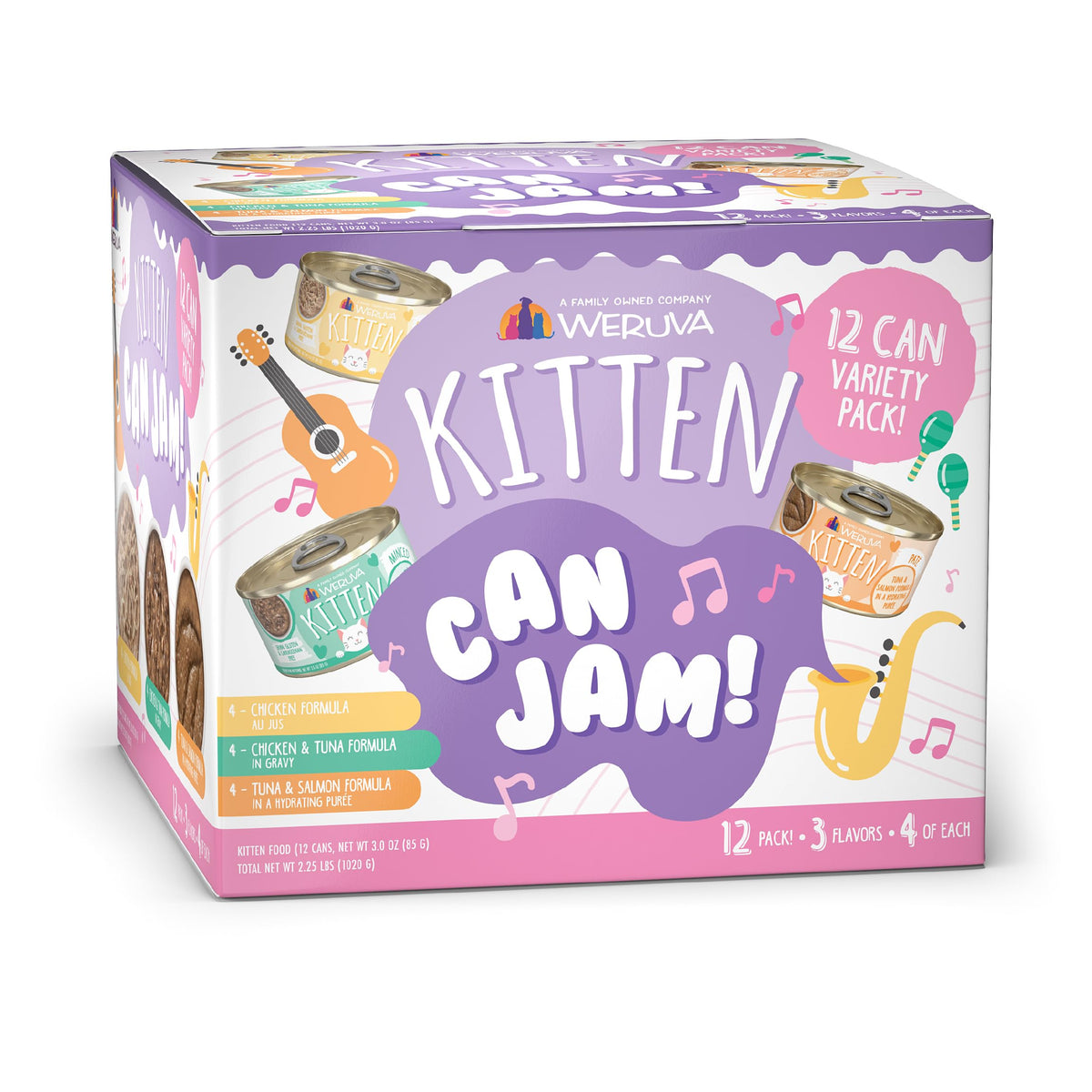 Weruva Kitten Can Jam! box shows variety flavors for growing kittens' balanced meals.