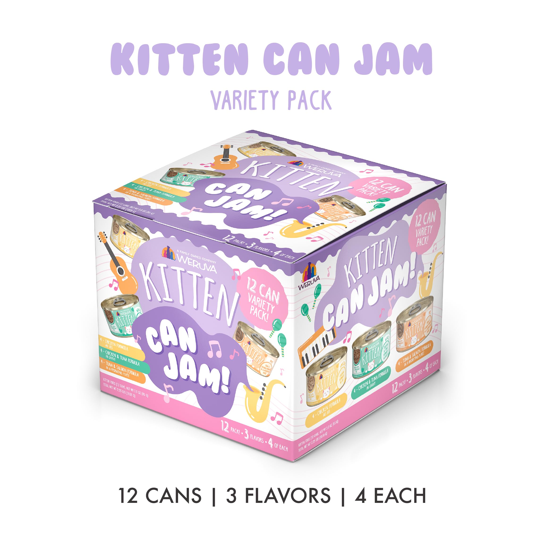 Weruva Kitten Can Jam! cans close-up showing real meat textures and gravy.