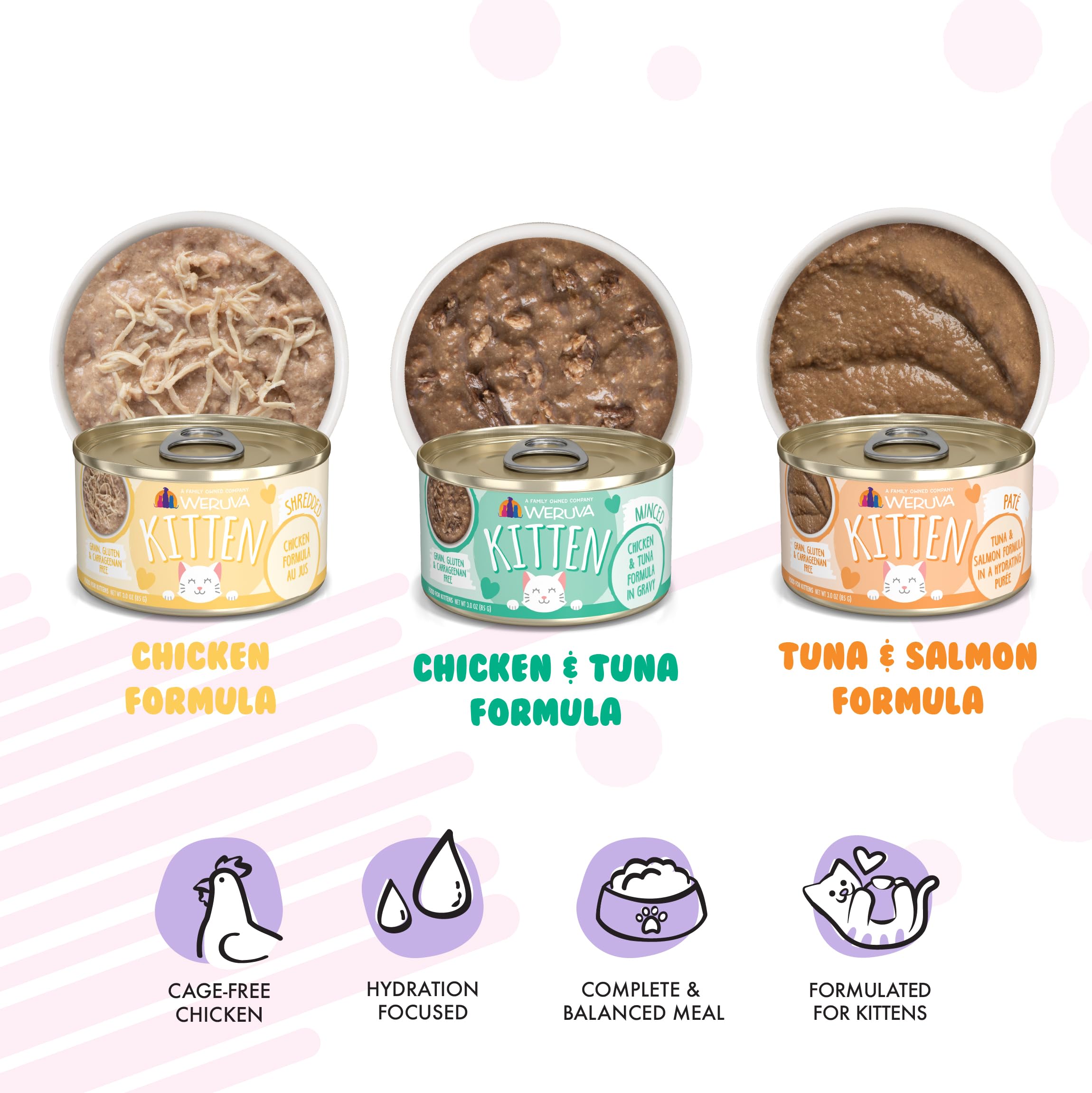 Weruva Kitten Can Jam! opened cans reveal grain-free, by-product-free recipes.