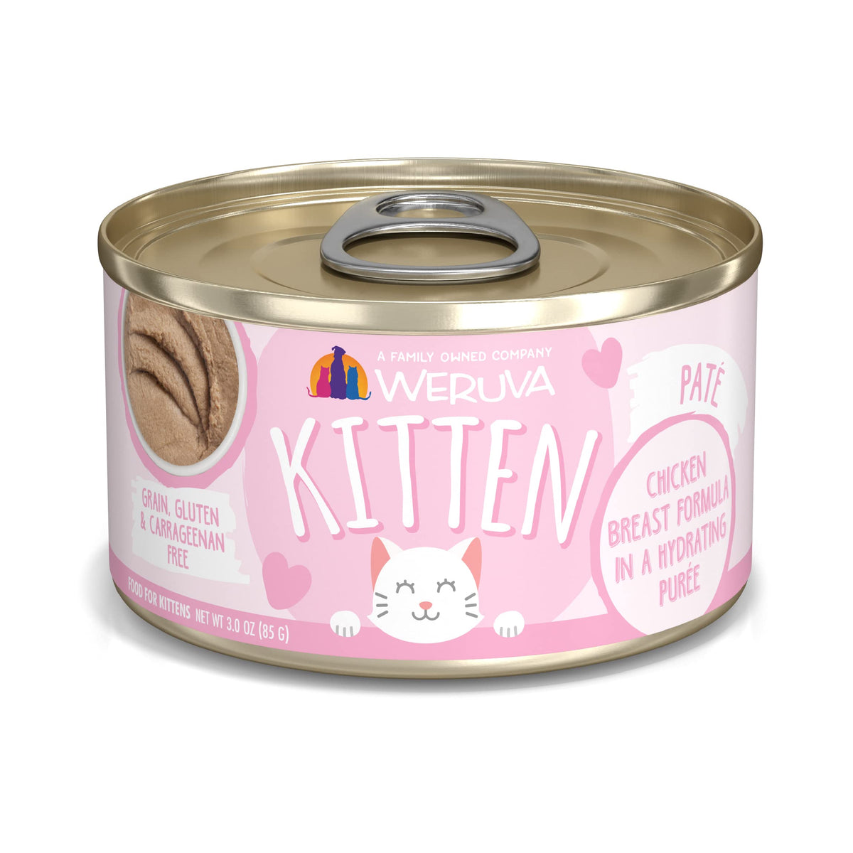 Weruva kitten chicken breast purée can label highlights real chicken nutrition.
