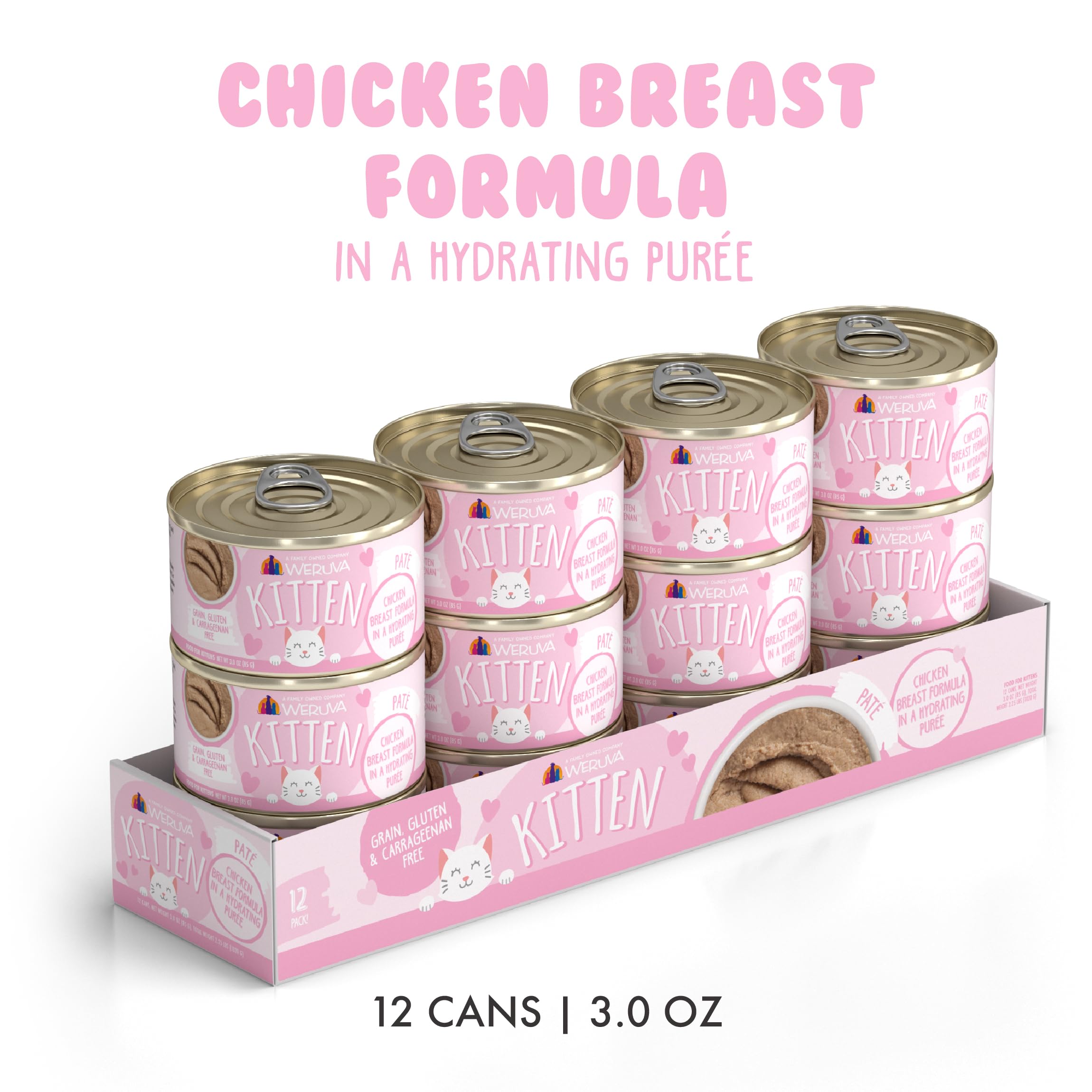 Opened can reveals smooth hydrating purée for kittens.