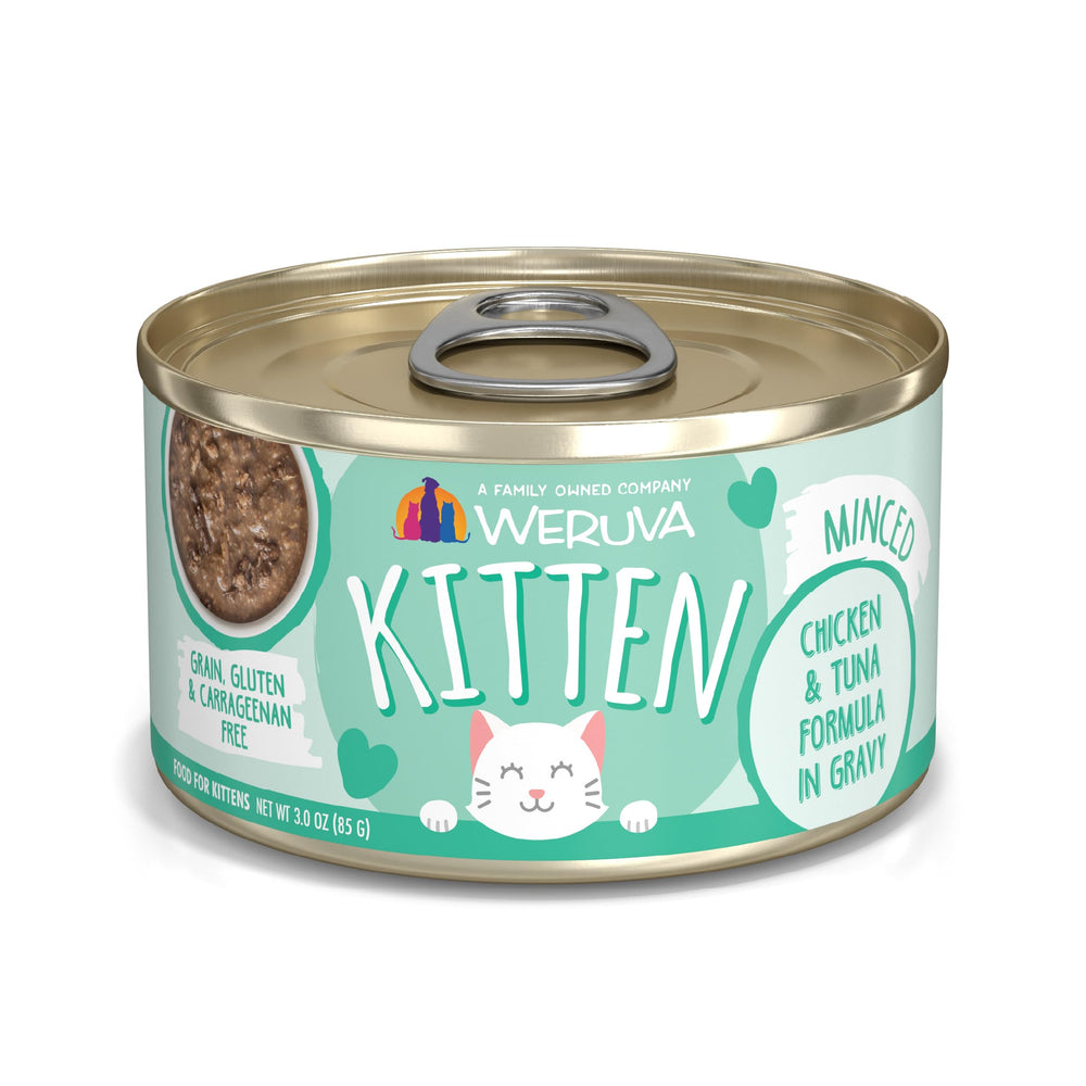 Weruva Kitten Chicken & Tuna in Gravy close-up showing a protein-rich dinner for kittens.