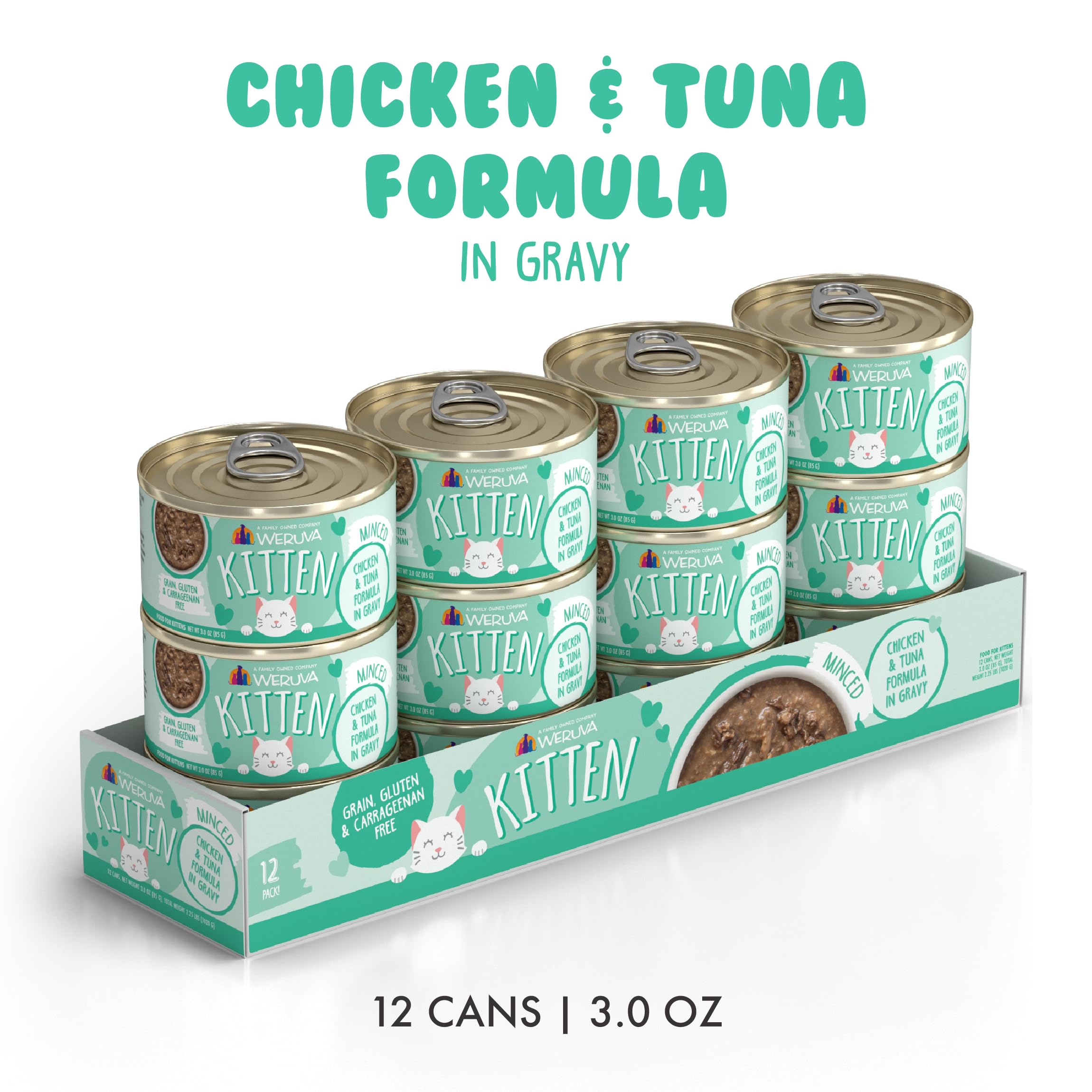 Weruva Kitten Chicken & Tuna in Gravy serving image highlighting minced chicken and tuna in gravy.